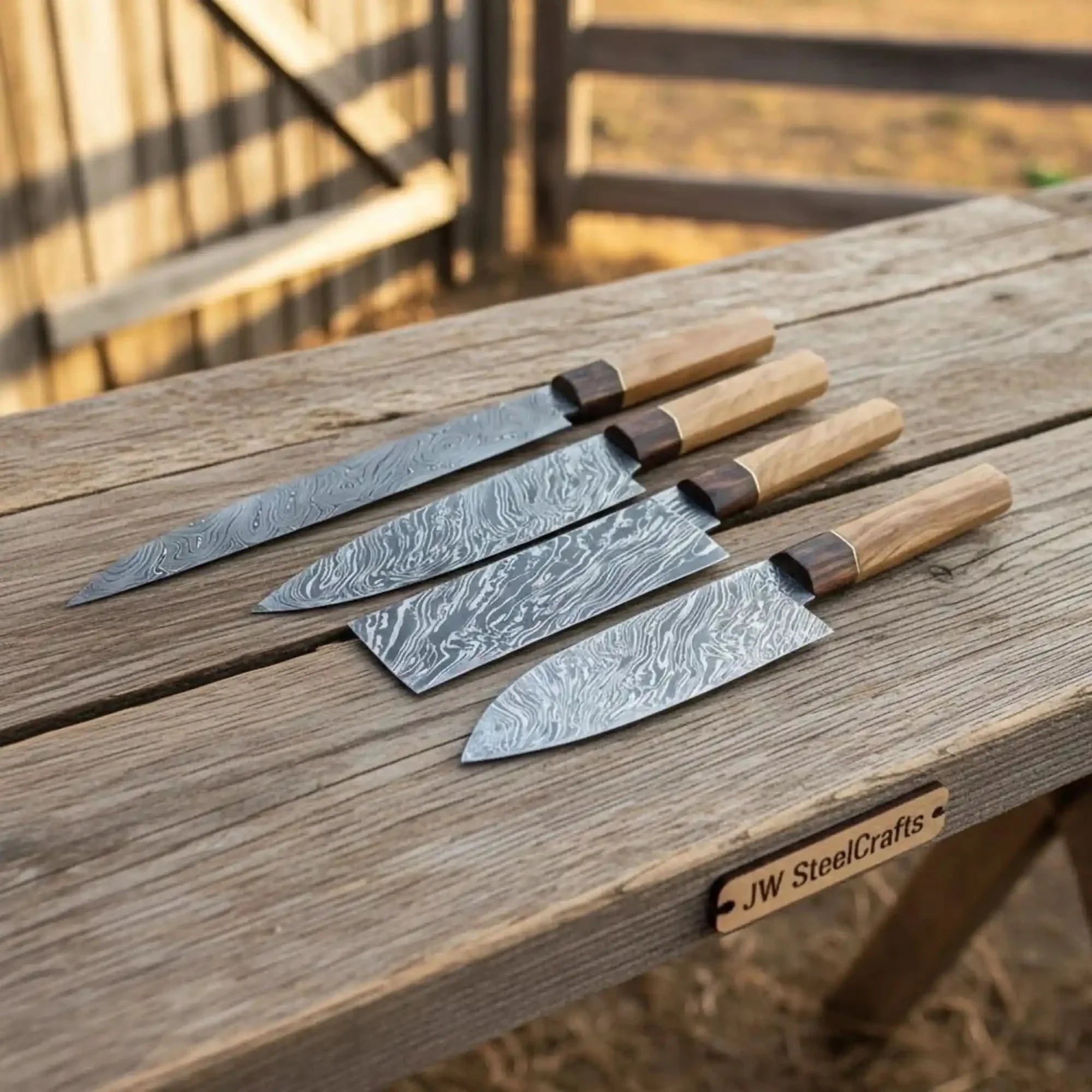 Fire-Pattern Damascus Kiritsuke, Bunka, Santoku & Petty Knife Set (Olive & Rosewood Handles) by JW SteelCrafts, Damascus knife main product photo
