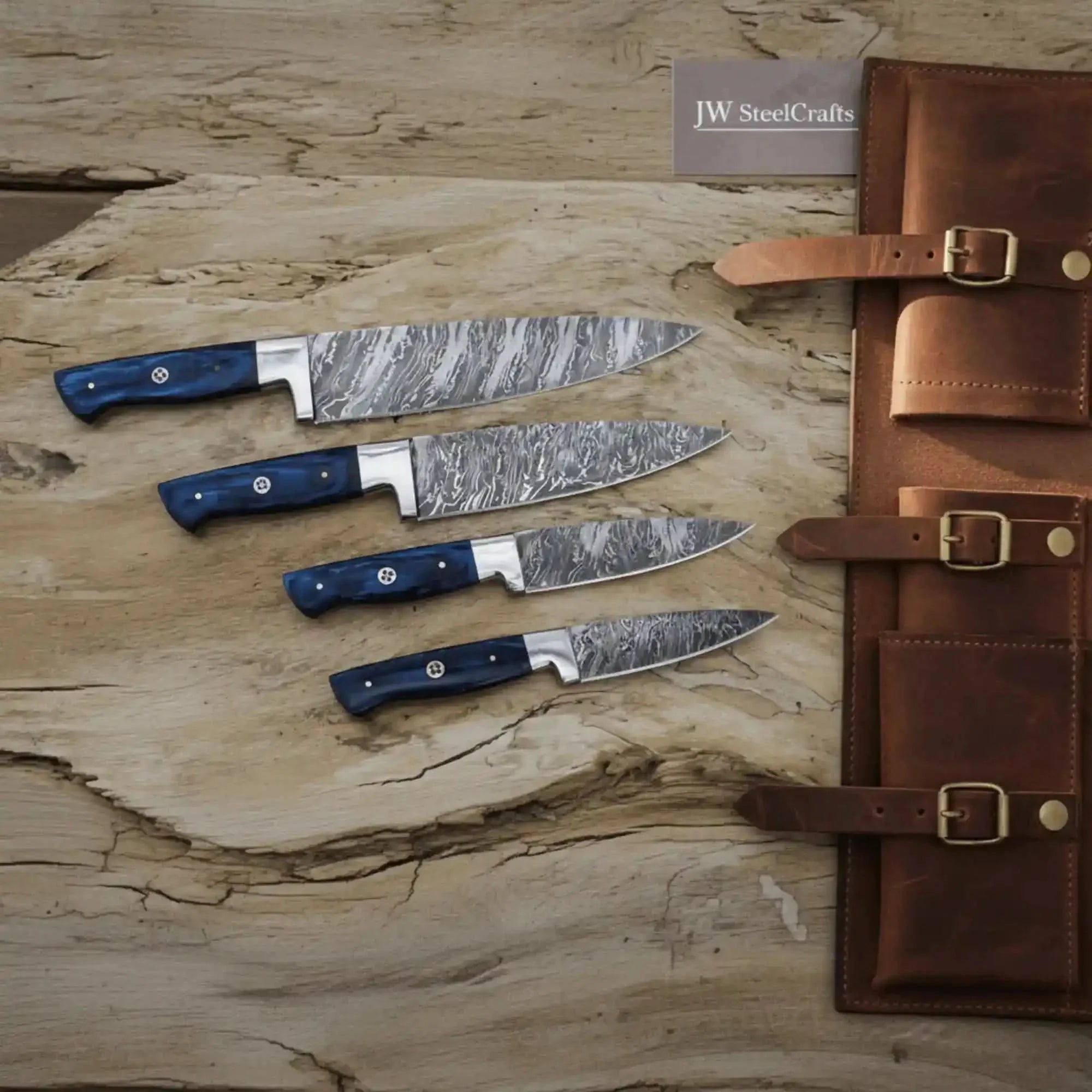 4-Piece Damascus Chef Knife — Fire Pattern Damascus Blades, Blue Pakka Wood Handles by JW SteelCrafts, Damascus knife main product photo