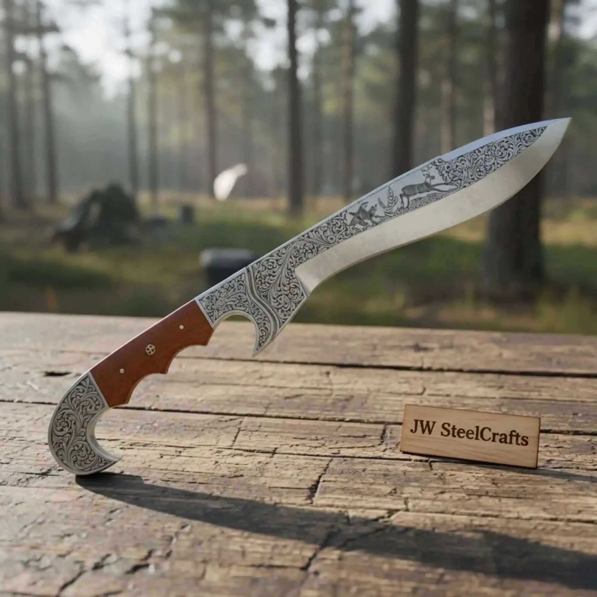 Frontier Bowie Knife Hand Engraved D2 Steel Blade Trailing Point Custom Handmade by JW SteelCrafts by JW SteelCrafts, Damascus knife detail photo 2