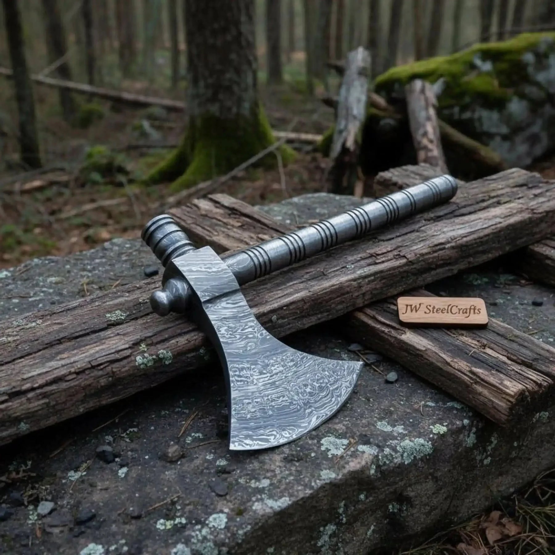 Damascus Steel Smoking Pipe Axe – Hand Forged Functional Pipe Tomahawk with Carved Hardwood Handle | JW SteelCrafts