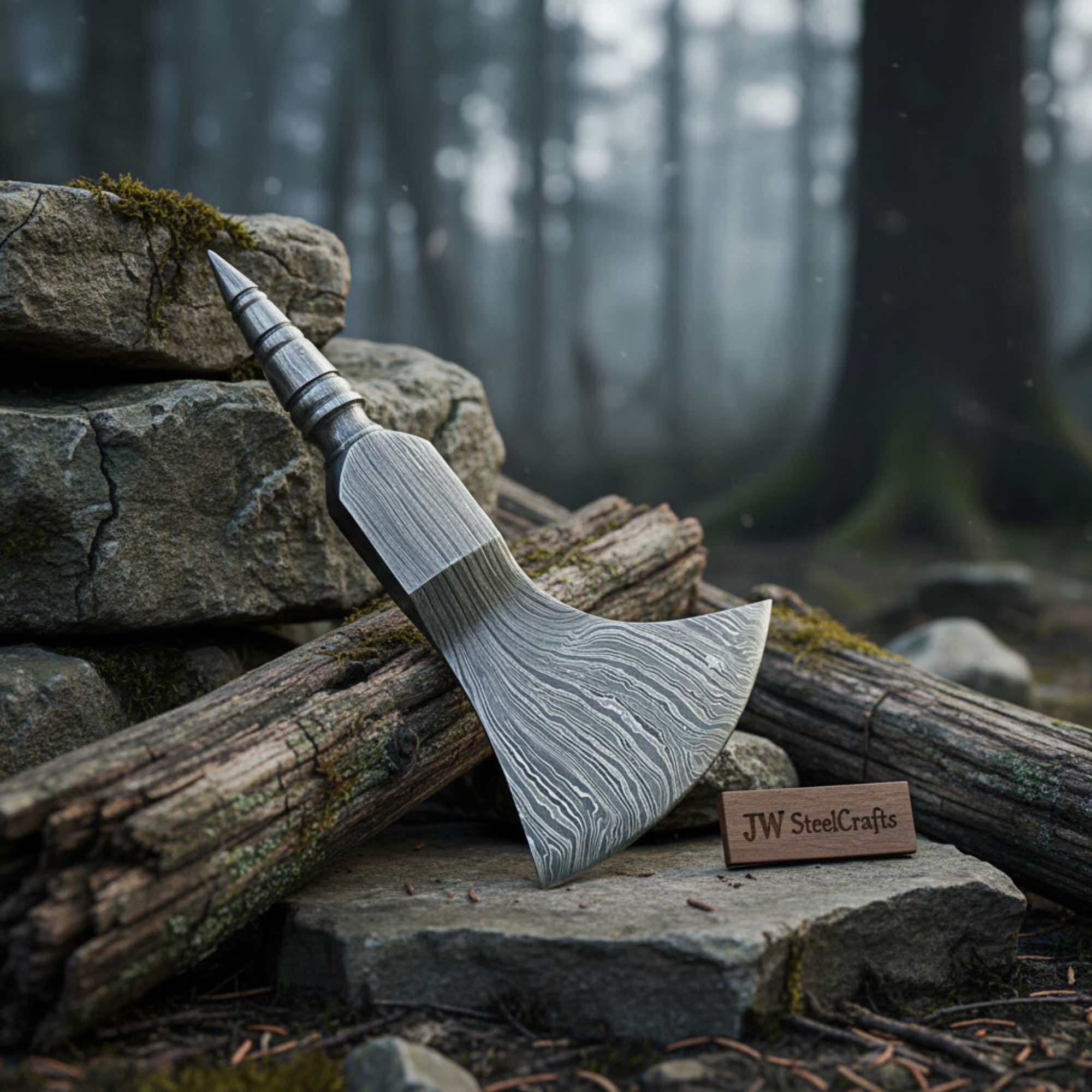 Damascus Crescent Camp Axe Head with Deep Sweep Edge by JW SteelCrafts, scented candle main product photo