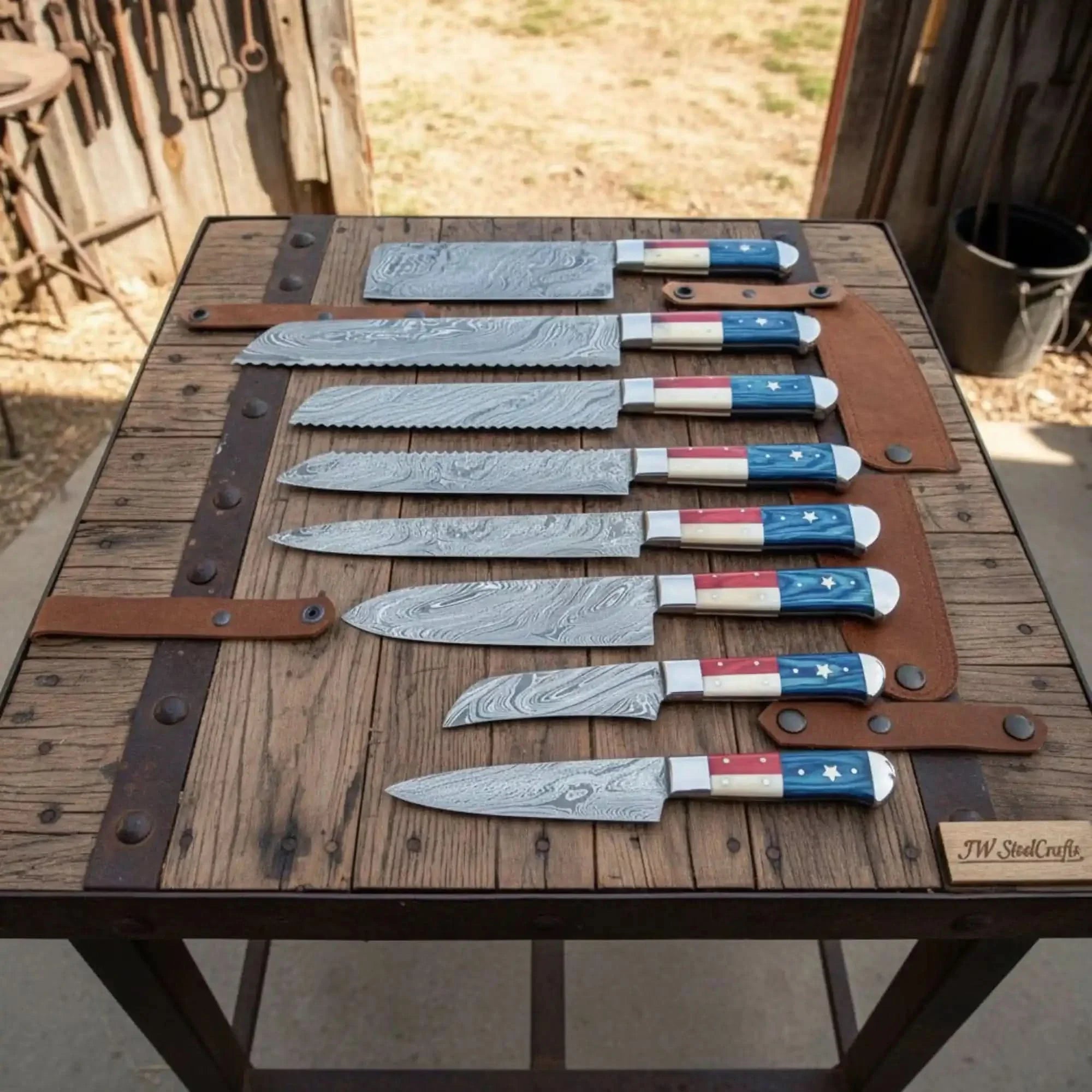 8-Piece Texas Flag Damascus Knife Set with Cleaver, Bread Knife & More, 8 to 13 Inch Blades | JW Steel Crafts by JW SteelCrafts, Damascus knife main product photo