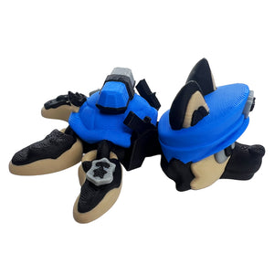 Side view of German Shepherd police turtle articulated 3D printed toy with blue cap and police equipment
