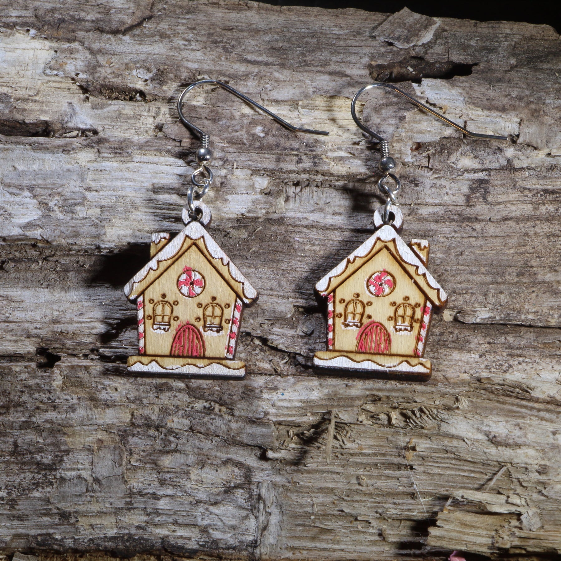 Gingerbread House Wooden Dangle Earrings | Christmas Holiday Jewelry