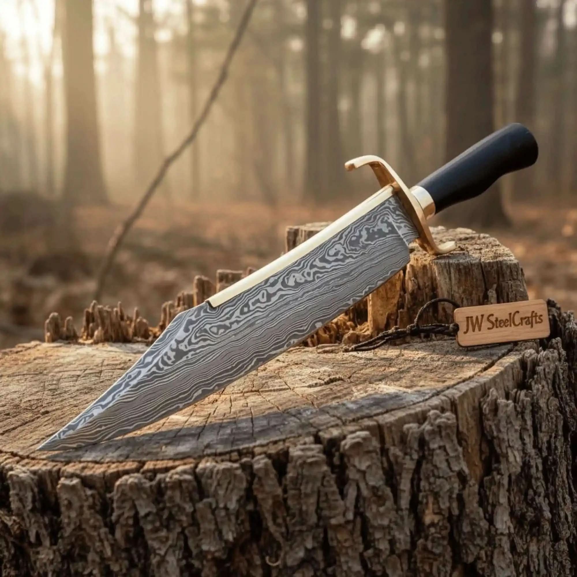 Handmade Frontier Clip Point Bowie Knife Damascus Steel or Mirror Polished Carbon Steel | JW SteelCrafts by JW SteelCrafts, Damascus knife main product photo