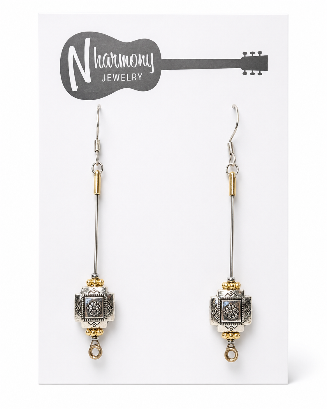 Silver and Gold Aztec Guitar String Earrings by N Harmony Jewelry, handmade jewelry detail photo 3