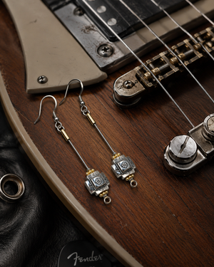 Silver and Gold Aztec Guitar String Earrings by N Harmony Jewelry, handmade jewelry detail photo 2