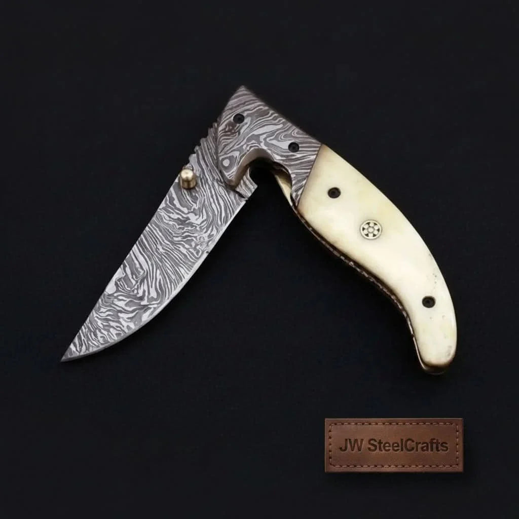 Handmade Damascus Folding Knife with Bone Handle – Compact EDC Pocket Knife with Leather Sheath by JW SteelCrafts, leather knife sheath main product photo