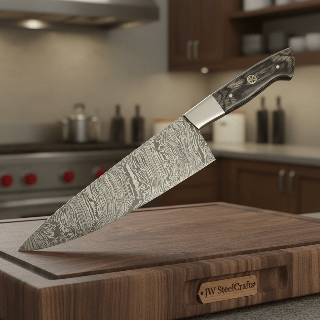 Full Tang Japanese Design Gyuto Knife – Handmade Damascus Chef Knife with Grey Wood Handle by JW SteelCrafts, Damascus knife main product photo