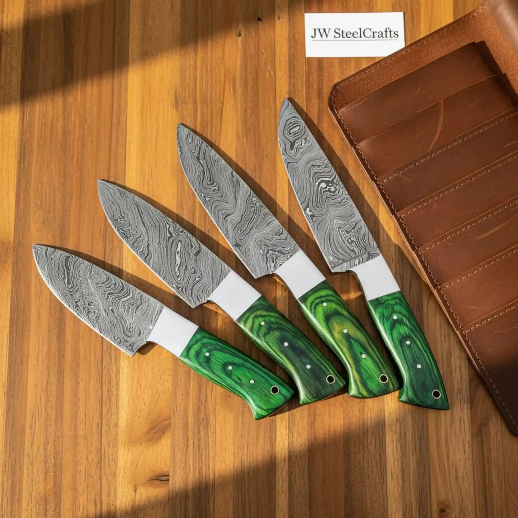 Handmade Damascus Kitchen Knife Set – Chef, Santoku, Utility Knives with Green Wood Handles