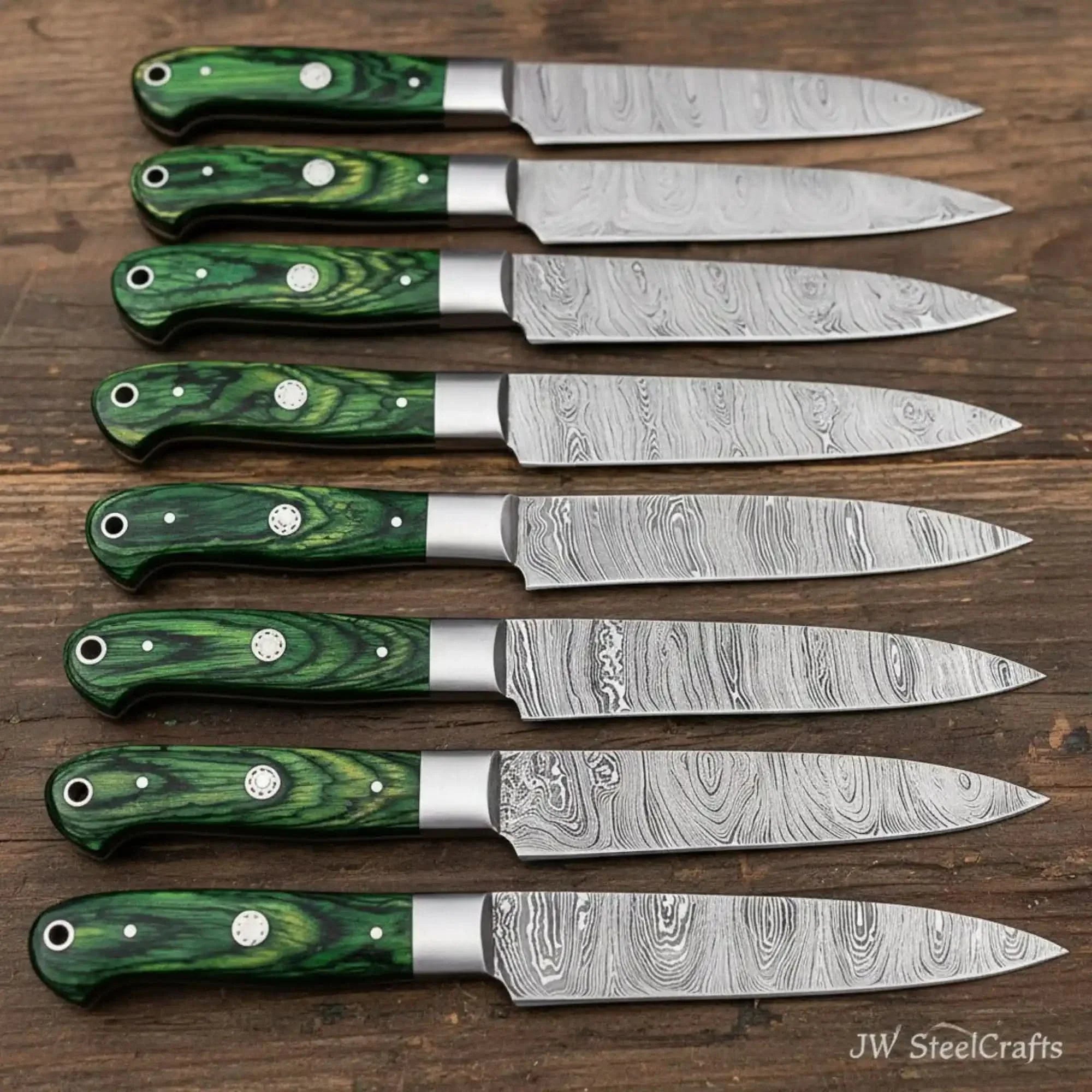Handmade Damascus Steak Knife Set – Green Pakkawood Handles, Steel Bolsters & Full Tang Blades by JW SteelCrafts, Damascus knife main product photo