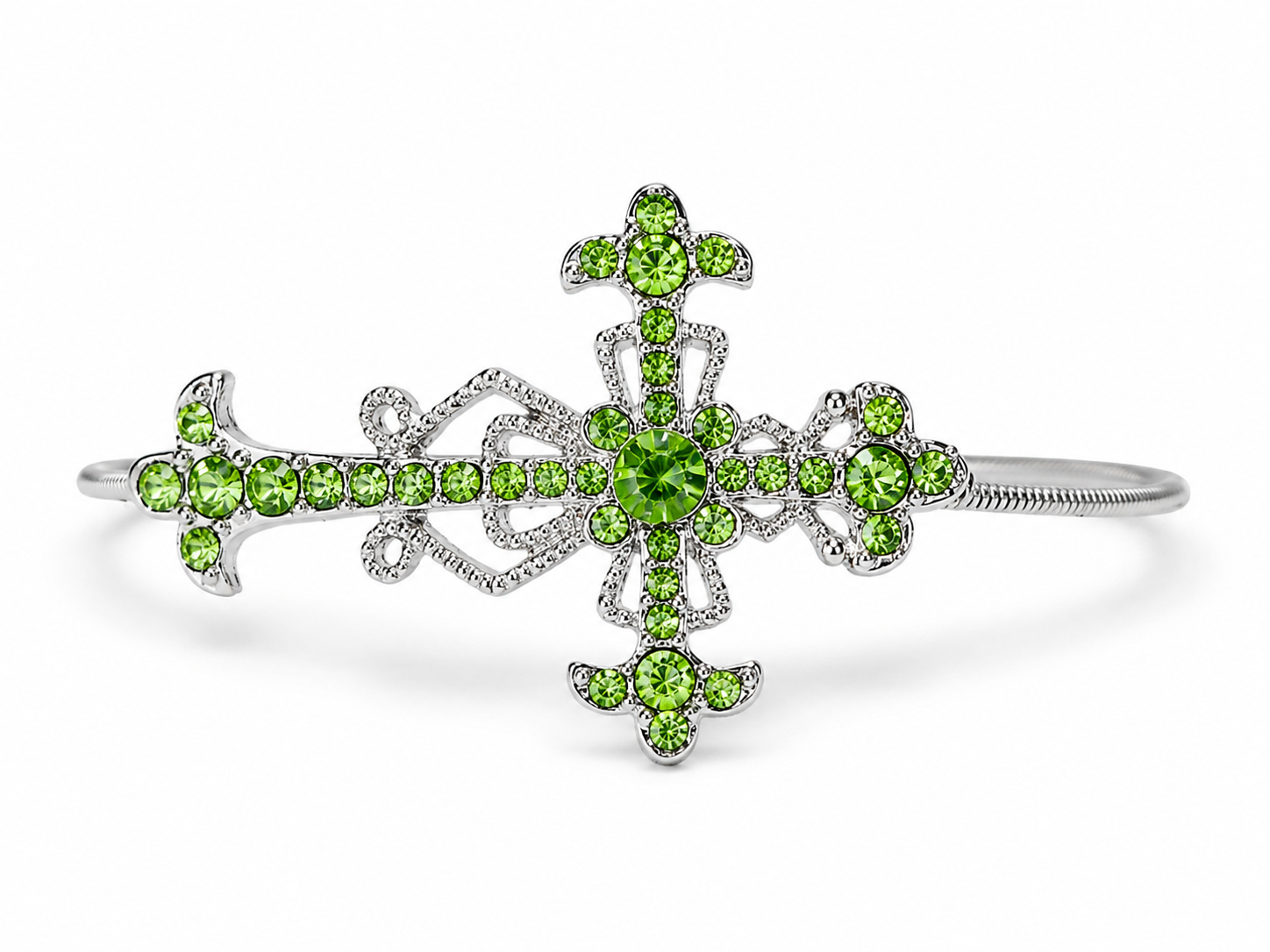Silver bracelet with green gemstones on a white background