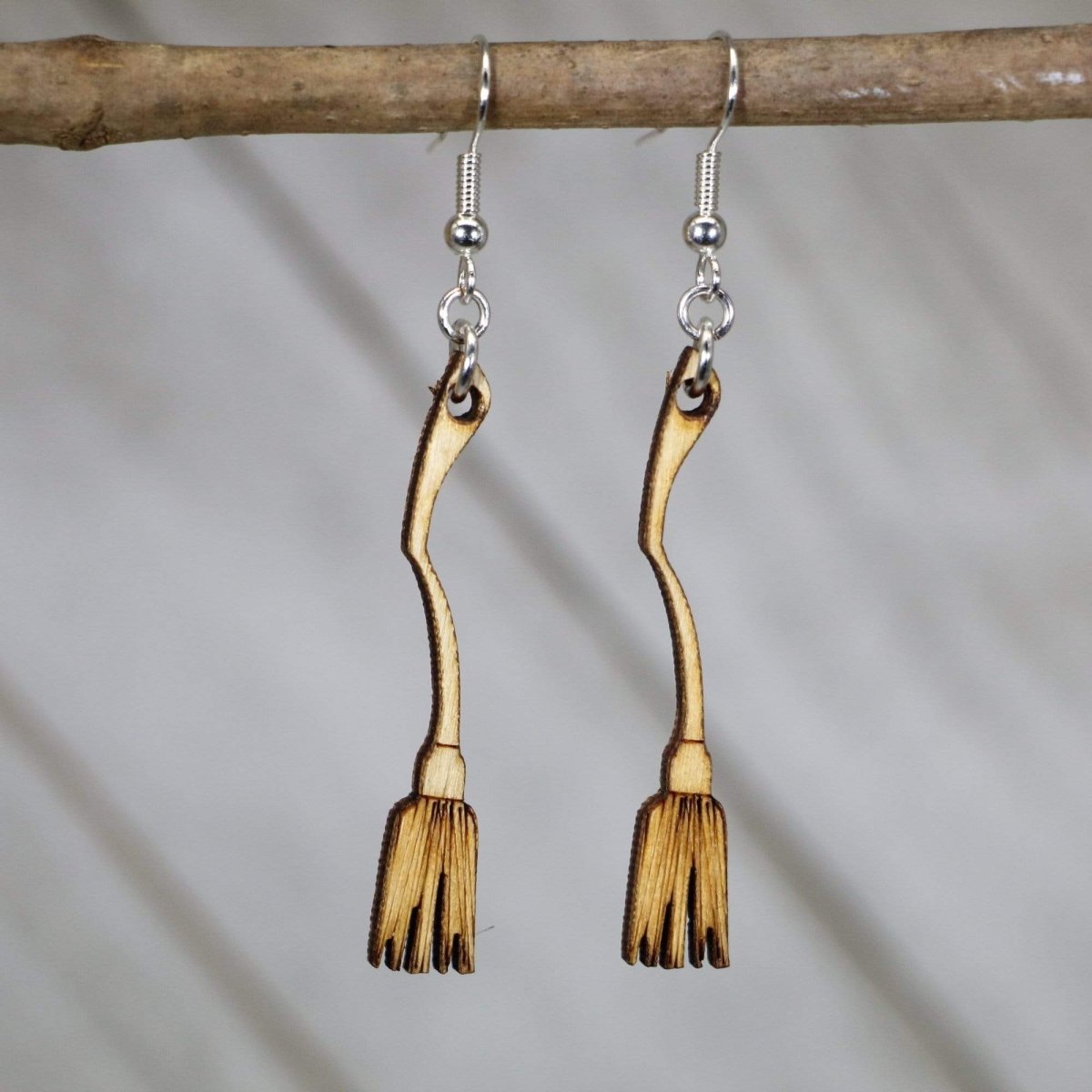 Witch Broom Wooden Dangle Earrings | Halloween Spooky Jewelry by Cate's Concepts, LLC, handmade jewelry main product photo