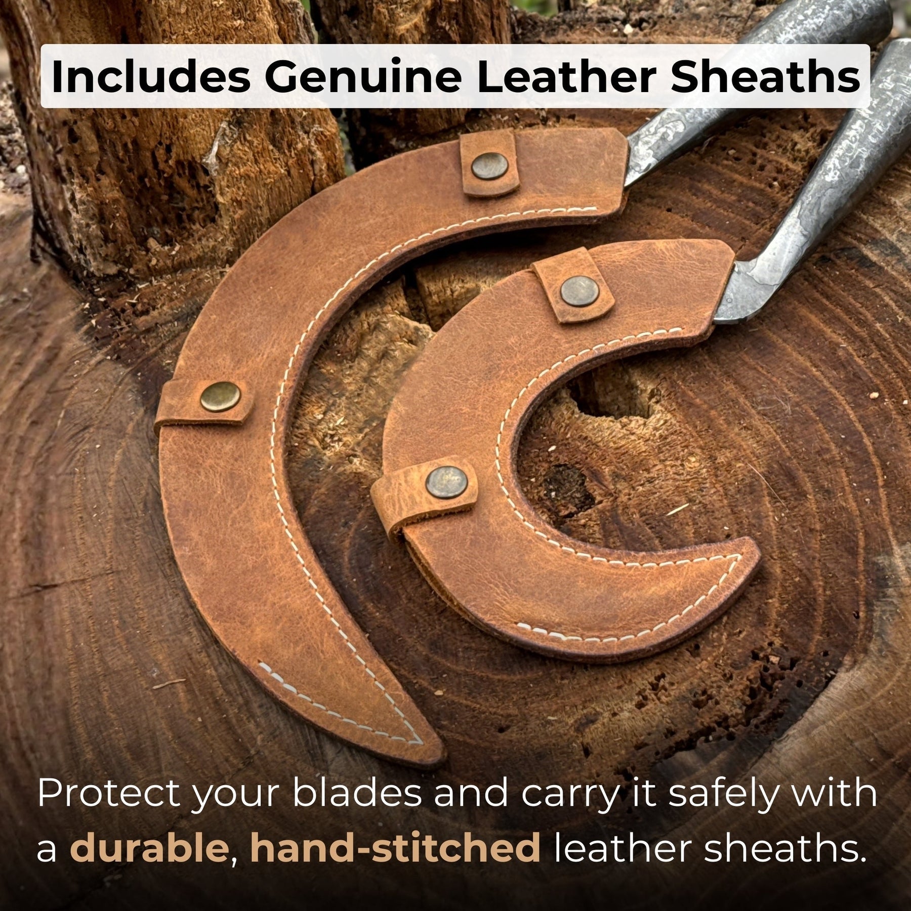 Hand-Forged 2-Piece Garden Sickle Set with Leather Sheaths
