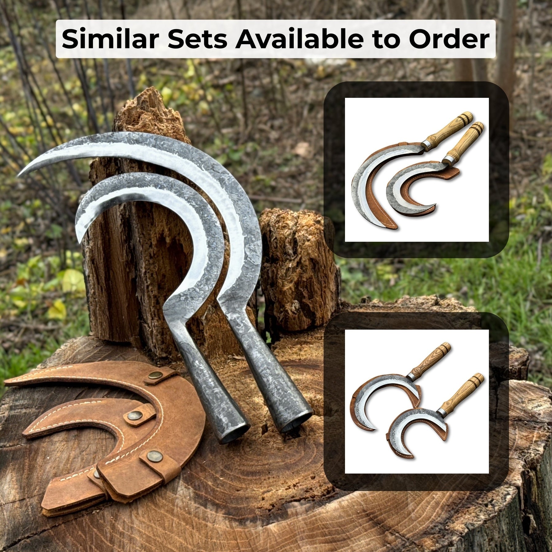 Hand-Forged 2-Piece Garden Sickle Set with Leather Sheaths
