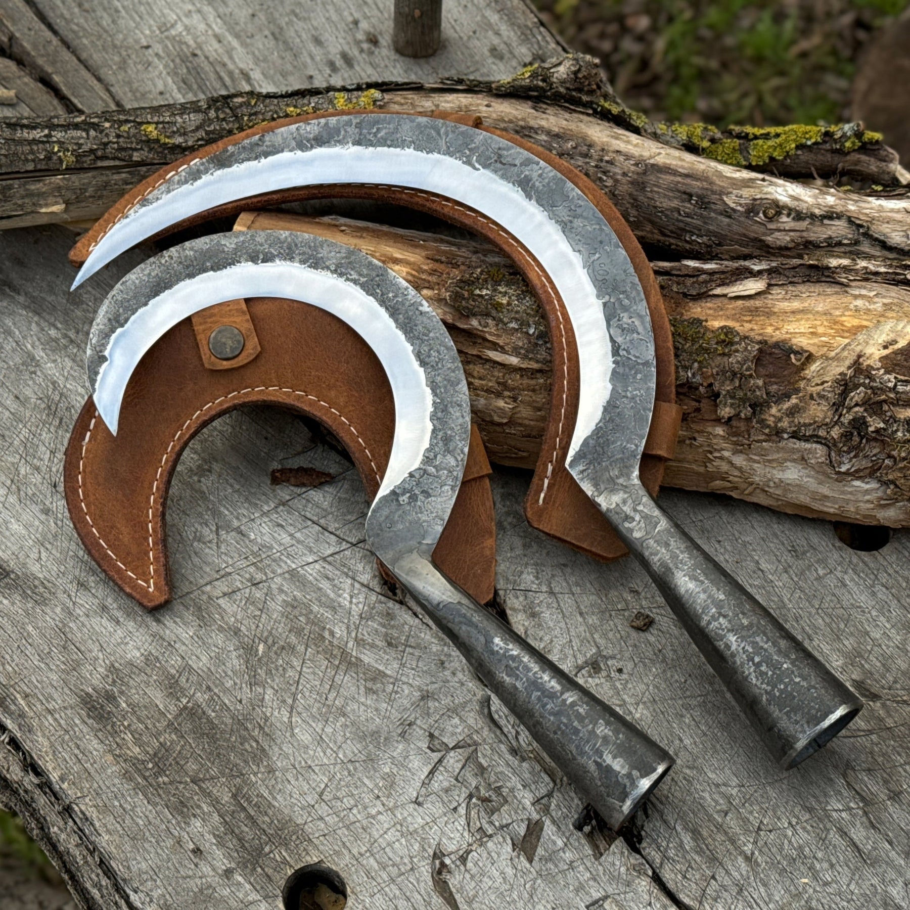 Hand-Forged 2-Piece Garden Sickle Set with Leather Sheaths