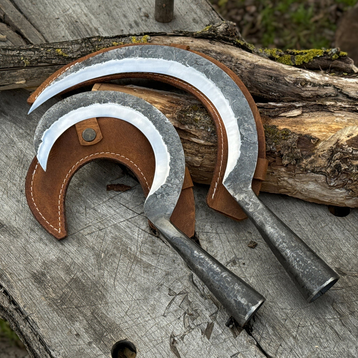 Hand-Forged 2-Piece Garden Sickle Set with Leather Sheaths by Sharky Forged Steel Tools — view 1