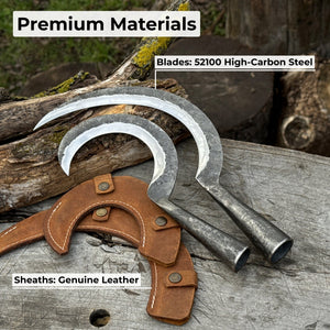 Hand-Forged 2-Piece Garden Sickle Set with Leather Sheaths