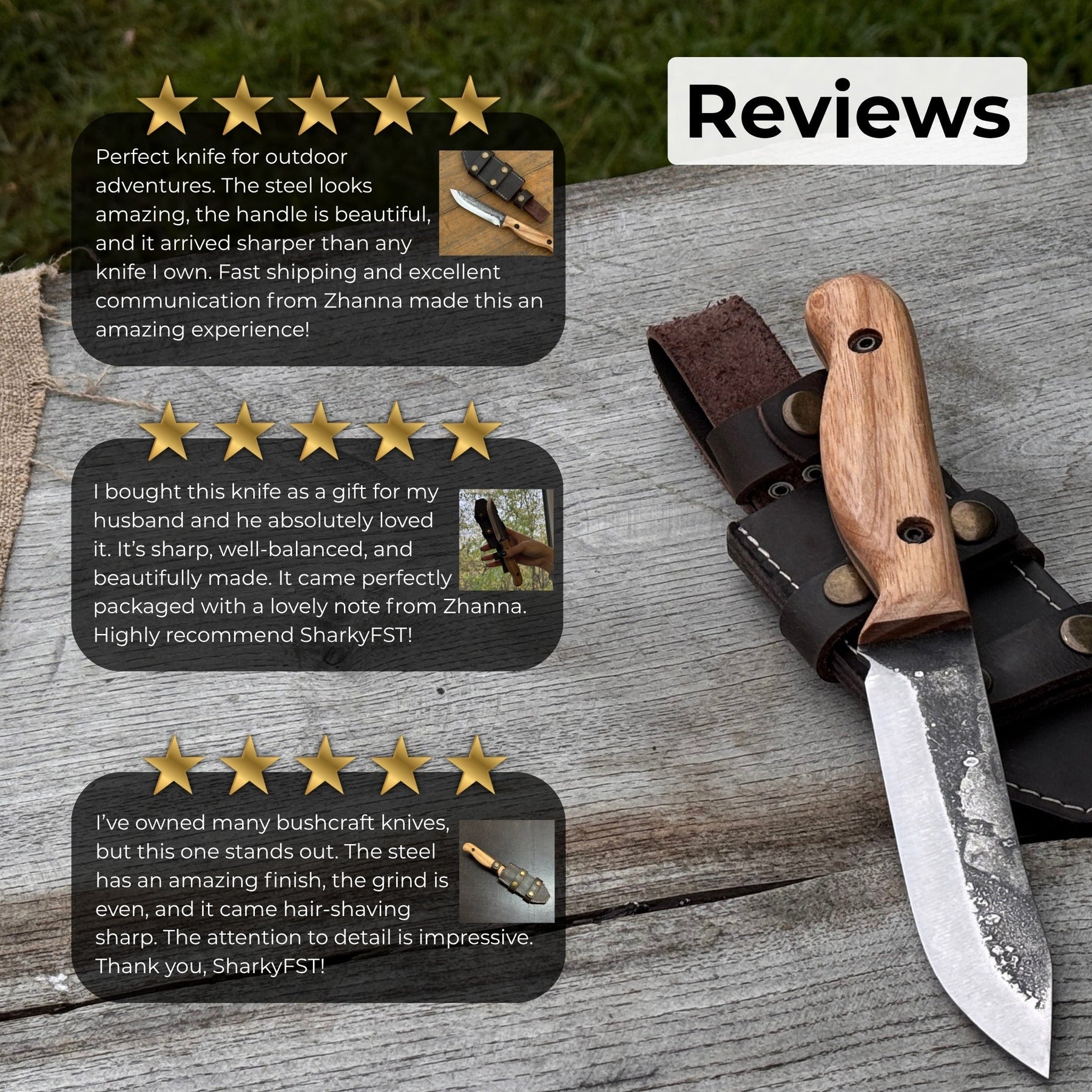 Hand-Forged Bushcraft Knife, 10 cm (3.9 in) Blade with Leather Sheath