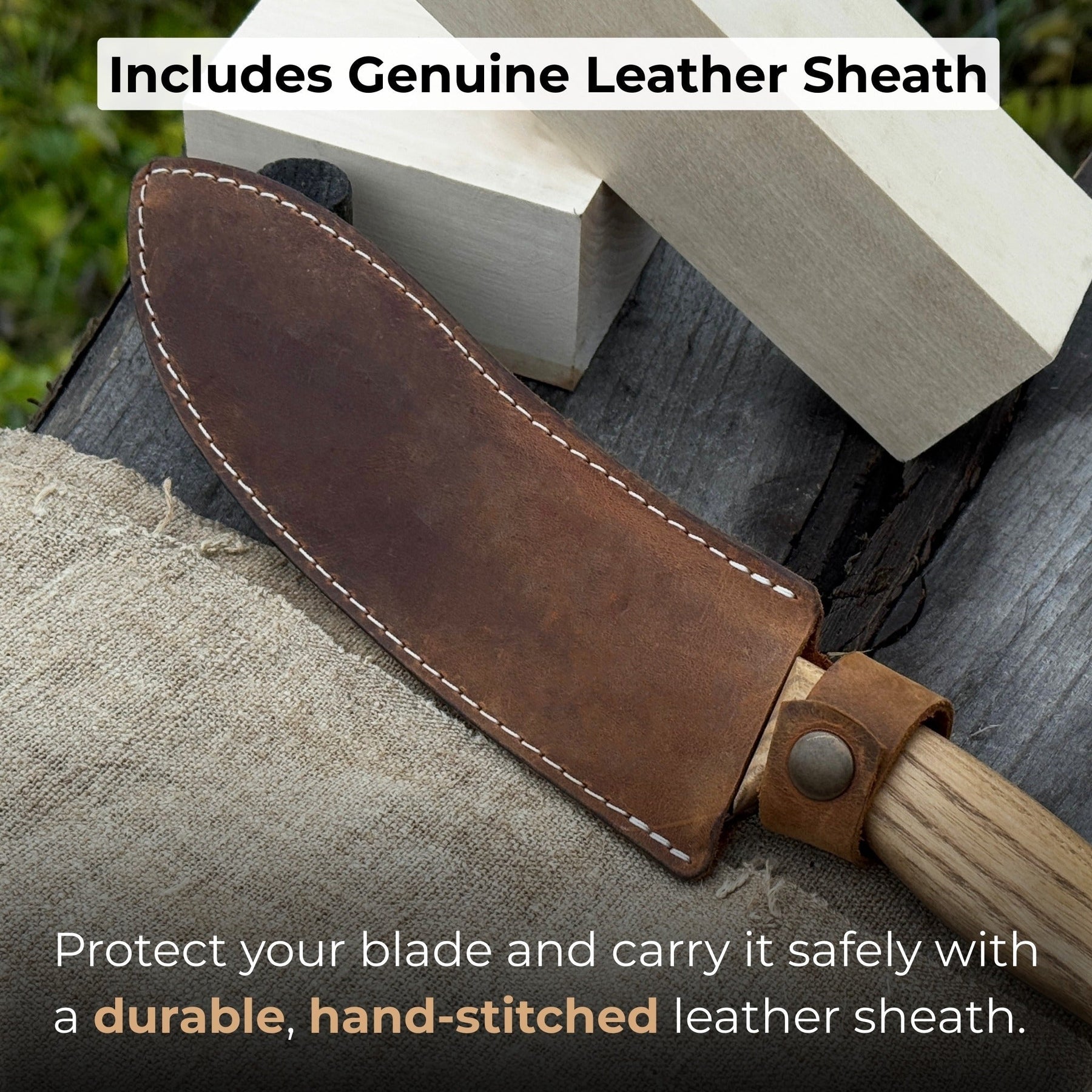 Hand-Forged Bushcraft Knife, 17 cm (6.7 inches) with leather sheath