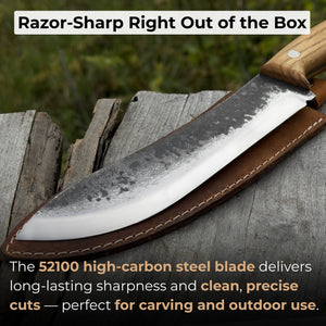 Hand-Forged Bushcraft Knife, 17 cm (6.7 inches) with leather sheath