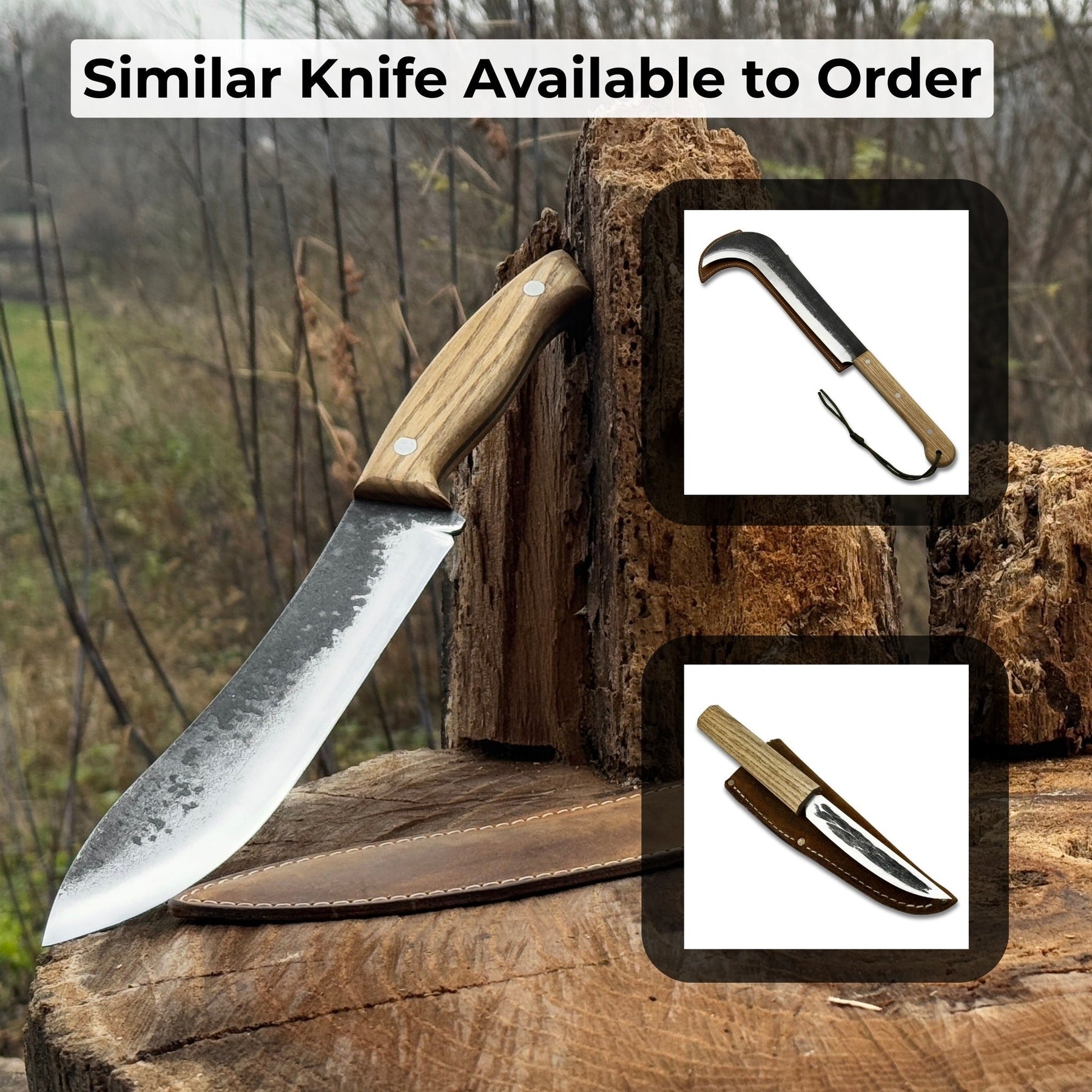 Hand-Forged Bushcraft Knife, 17 cm (6.7 inches) with leather sheath