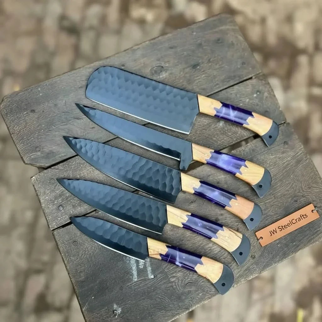 5-Piece Hand-Forged Chef Knives Set – Black Blades, Purple Resin & Olive Wood Handles by JW SteelCrafts, Southern handmade gift detail photo 2