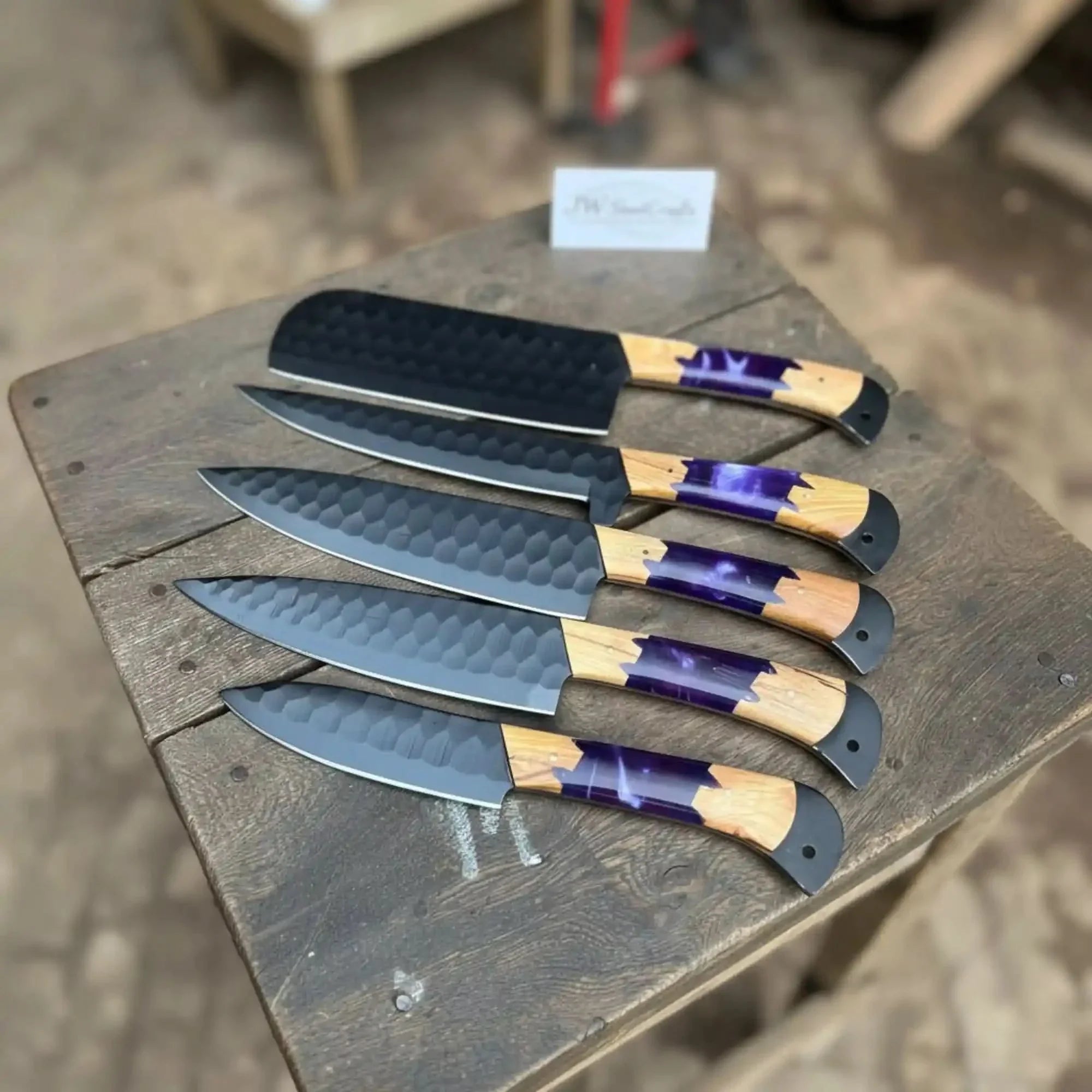 5-Piece Hand-Forged Chef Knives Set – Black Blades, Purple Resin & Olive Wood Handles by JW SteelCrafts, Southern handmade gift main product photo
