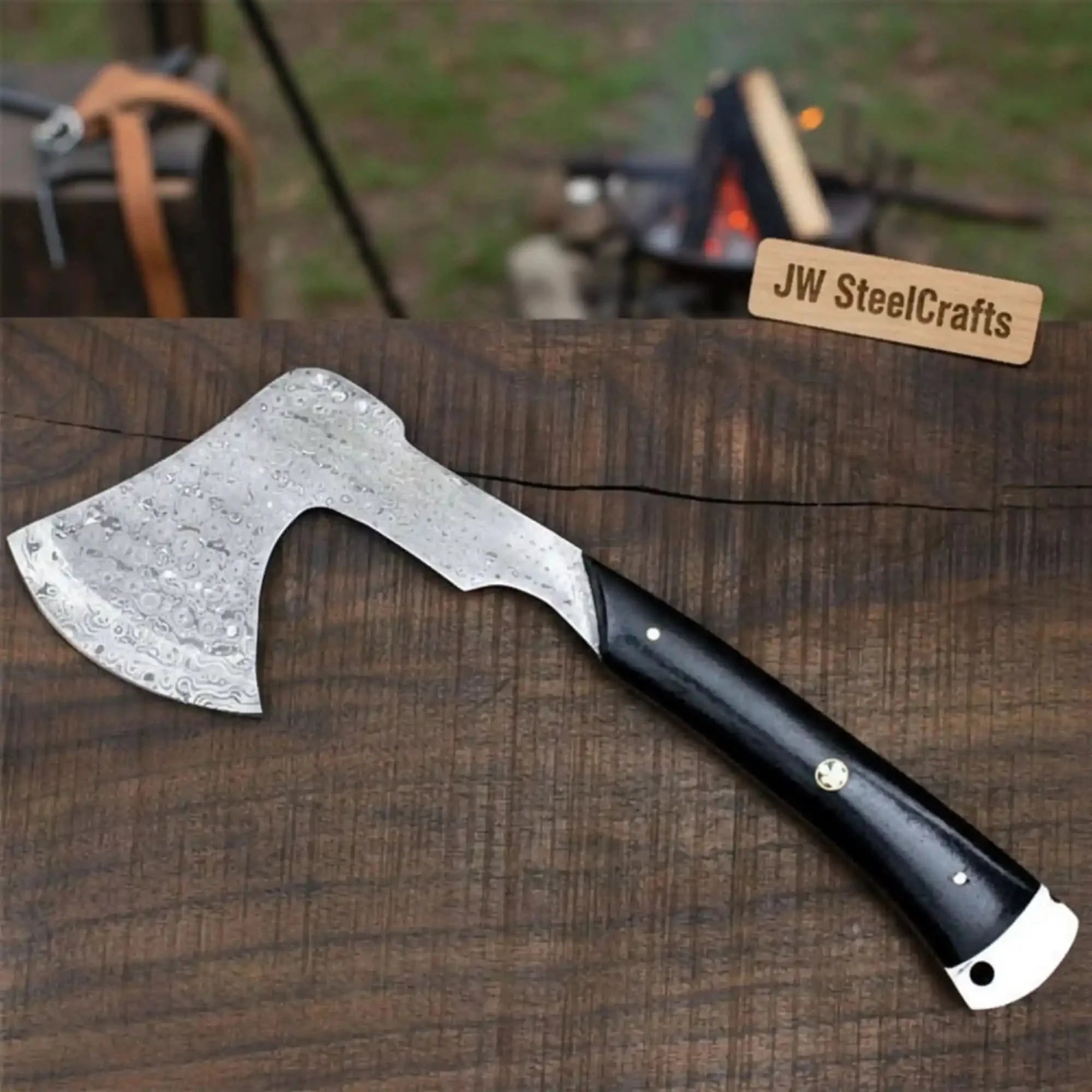 Hand-Forged Bearded Camp Hatchet with Hardwood Handle and Leather Sheath by JW SteelCrafts, leather knife sheath main product photo