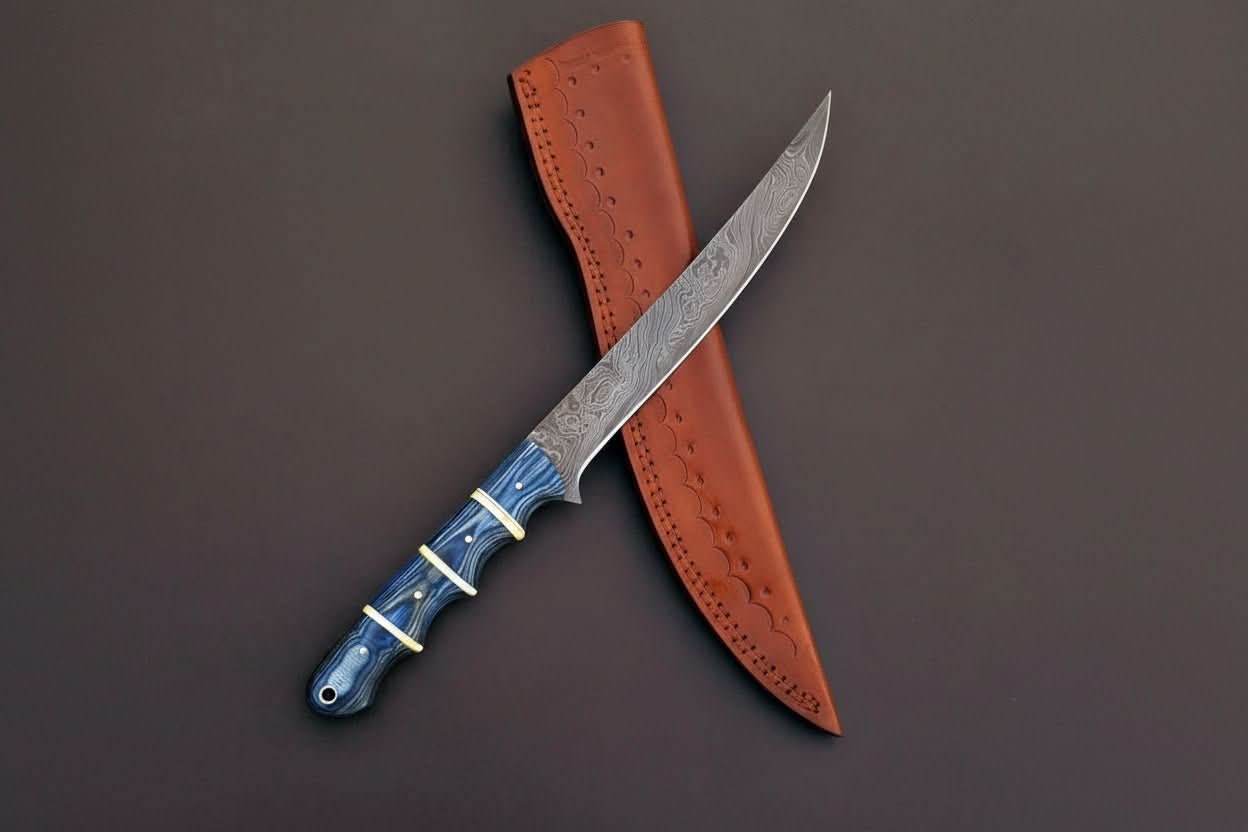 Handcrafted Damascus Steel Fish Fillet Knife with Blue Pakka Wood Handle and Leather Sheath by JW SteelCrafts, leather knife sheath detail photo 2