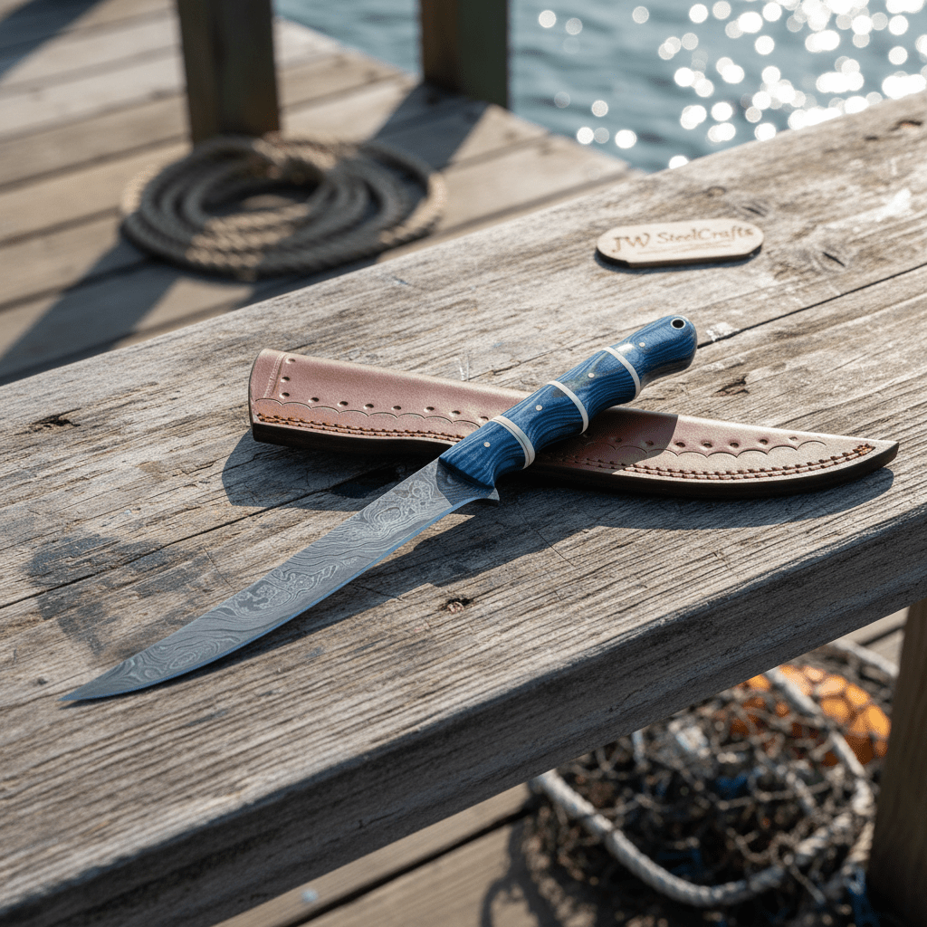 Handcrafted Damascus Steel Fish Fillet Knife with Blue Pakka Wood Handle and Leather Sheath by JW SteelCrafts, leather knife sheath main product photo