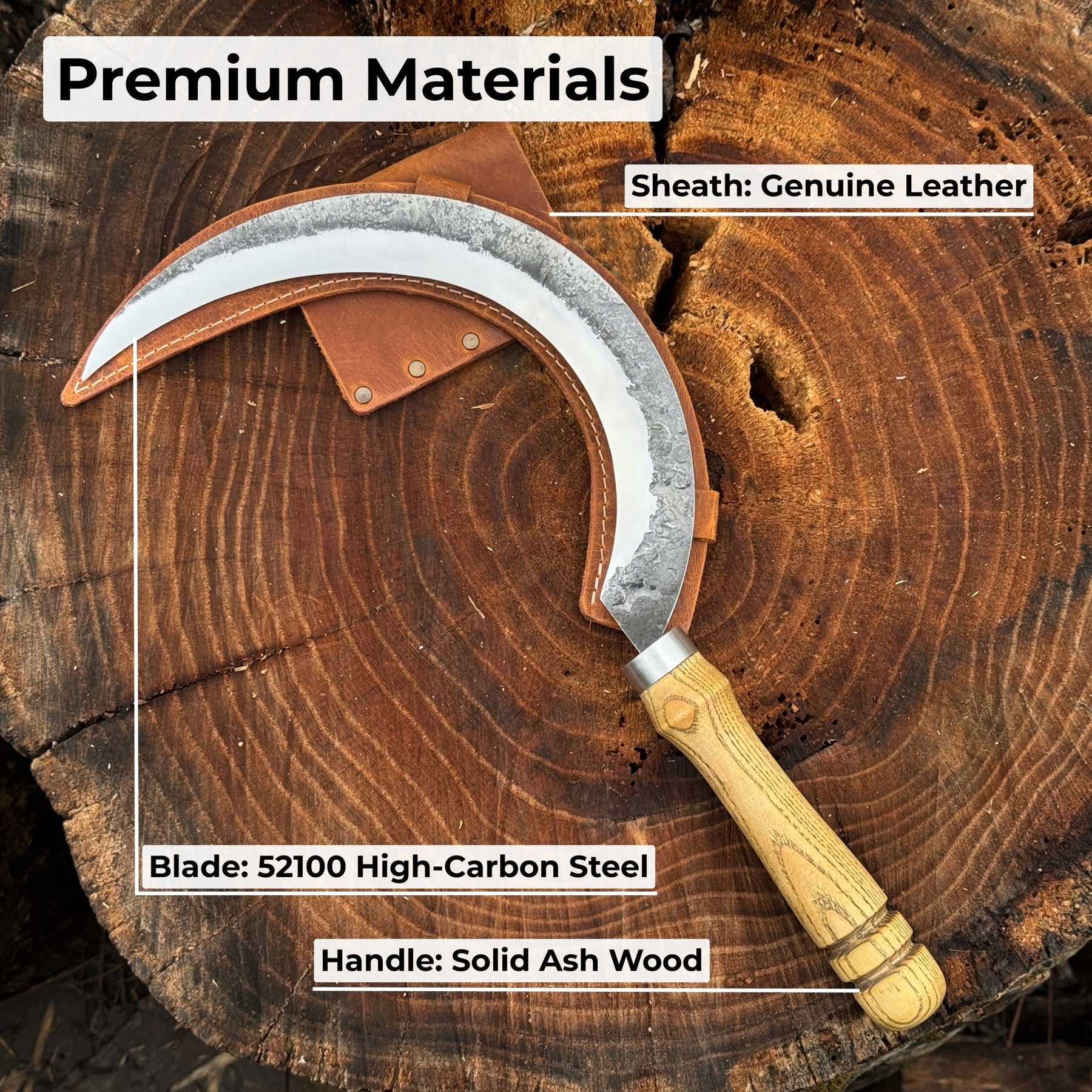 Hand-Forged Large Sickle, ⌀19 cm (7.5 inches) Blade, Leather Belt Attachment