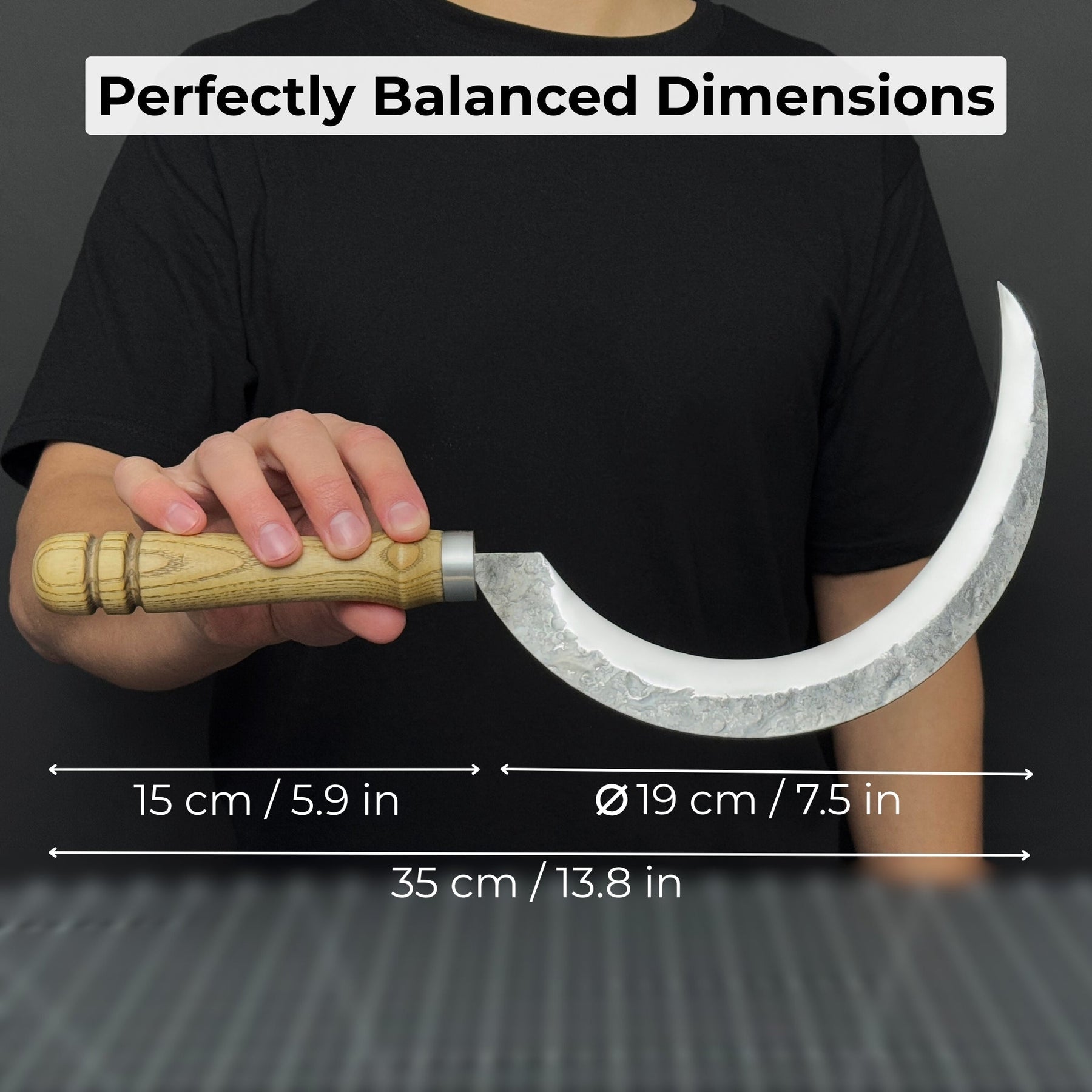 Hand-Forged Large Sickle, ⌀19 cm (7.5 inches) Blade, Leather Belt Attachment