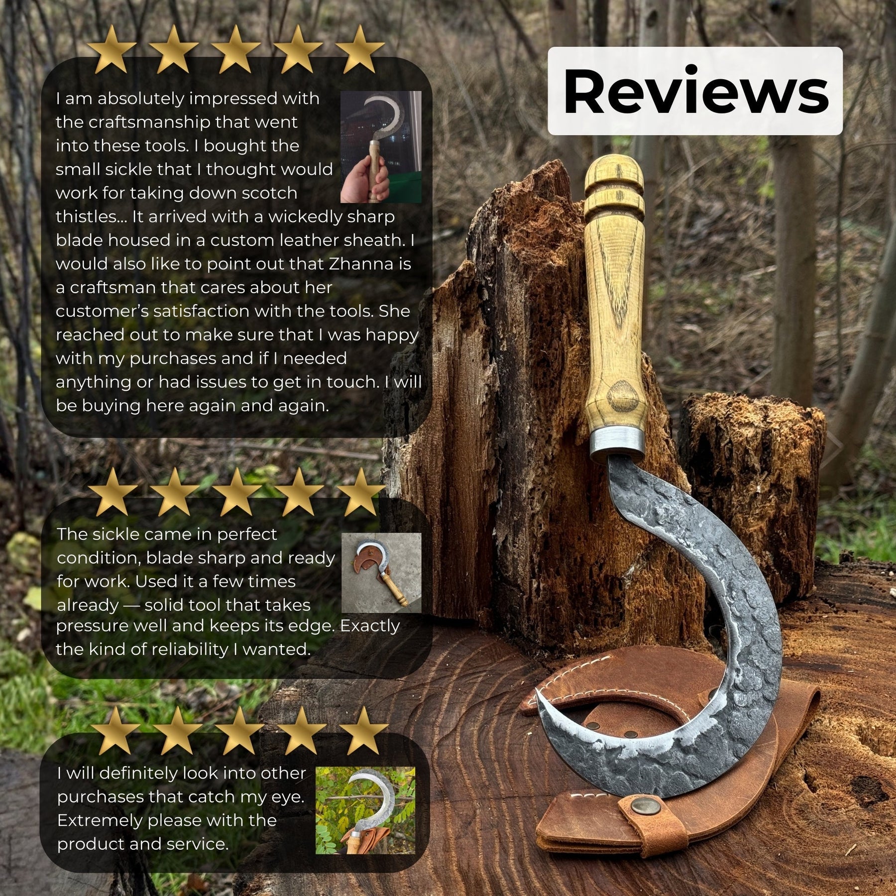 Hand-Forged Small Sickle – 9 cm (3.54 inches) Blade with Leather Belt Attachment