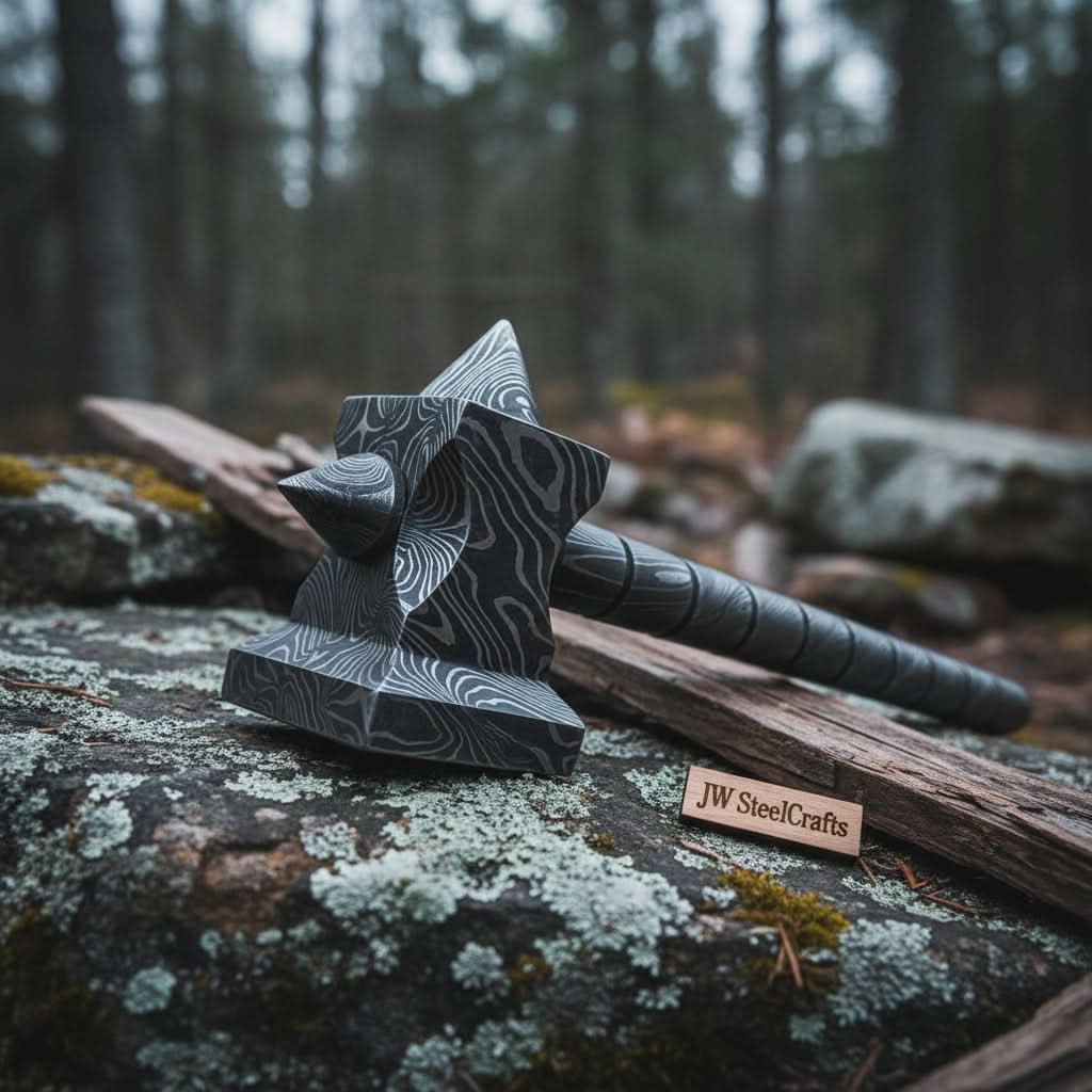 Hand made damascus steel viking hammer by JW SteelCrafts, Southern lifestyle apparel detail photo 2