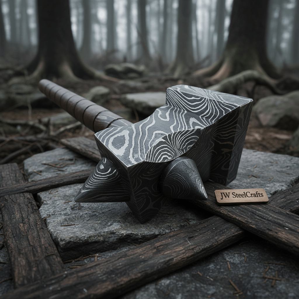 Hand made damascus steel viking hammer by JW SteelCrafts, Southern lifestyle apparel main product photo