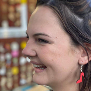 Red High Heel Wooden Dangle Earrings | Fashion Jewelry detail view by Cate's Concepts, LLC