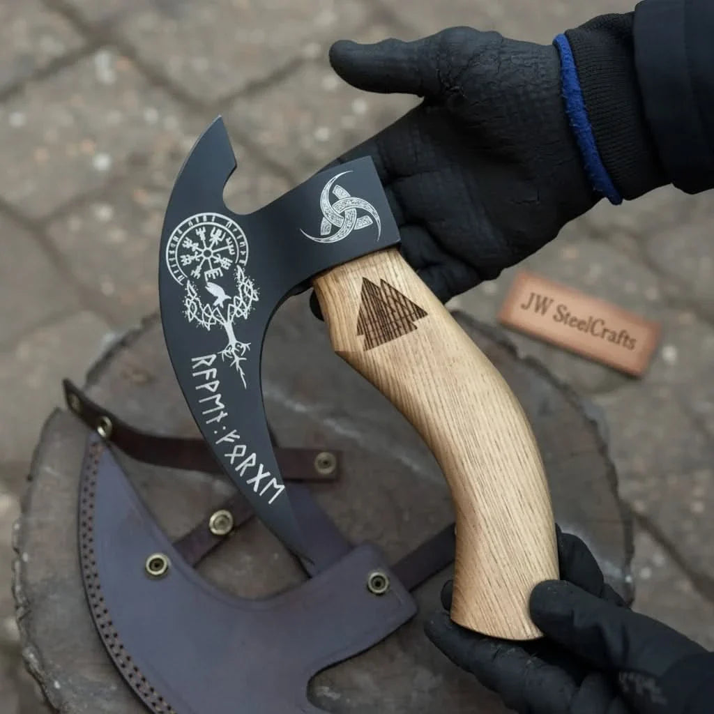 Product: Viking Style Engraved Bearded Axe – Oak Wood Handle