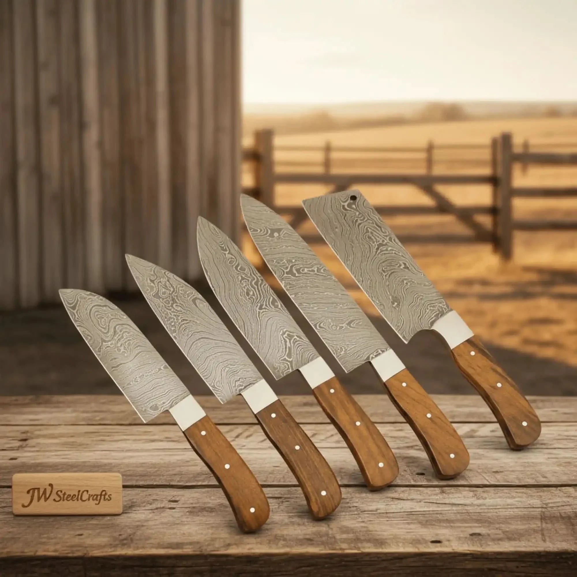 5 Piece Damascus Kitchen Knife Set - Walnut Wood Handle Professional Cooking Knife Set by JW SteelCrafts, Damascus knife detail photo 2