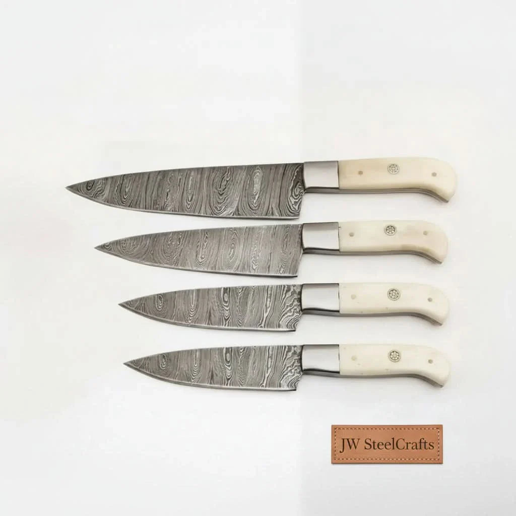 Handmade Damascus 3-Piece Kitchen Knife Set with Bone Handles, Slicing Carving and Chef Knives by JW SteelCrafts, Damascus knife detail photo 2