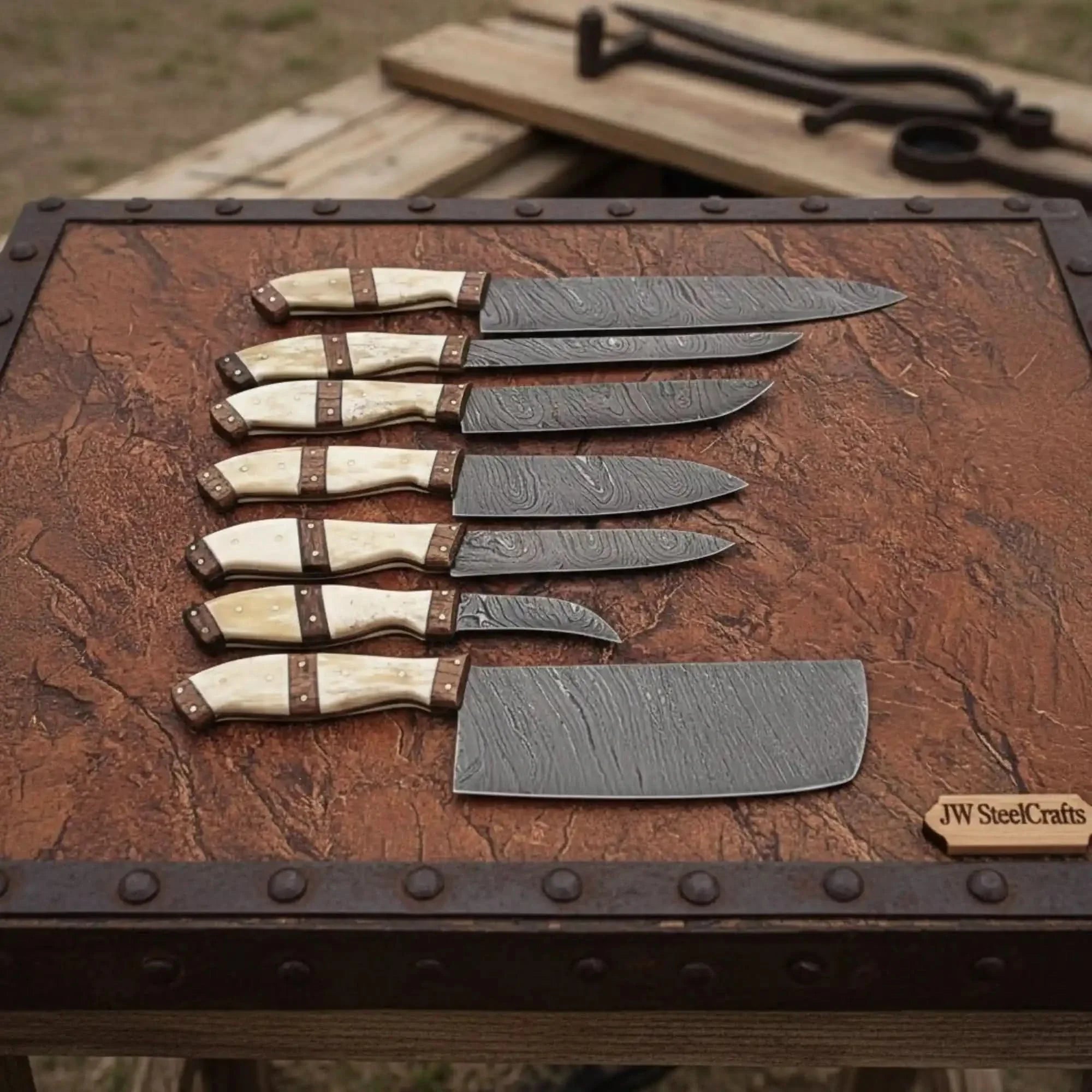 7-Piece Damascus Kitchen Knife Set — Bread, Cleaver, Chef, Santoku, Fillet, Boning & Utility by JW SteelCrafts, Damascus knife main product photo