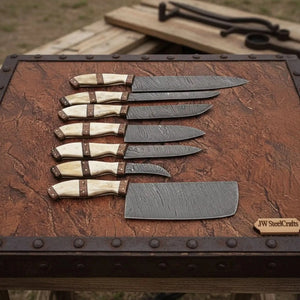 7-Piece Damascus Kitchen Knife Set — Bread, Cleaver, Chef, Santoku, Fillet, Boning & Utility