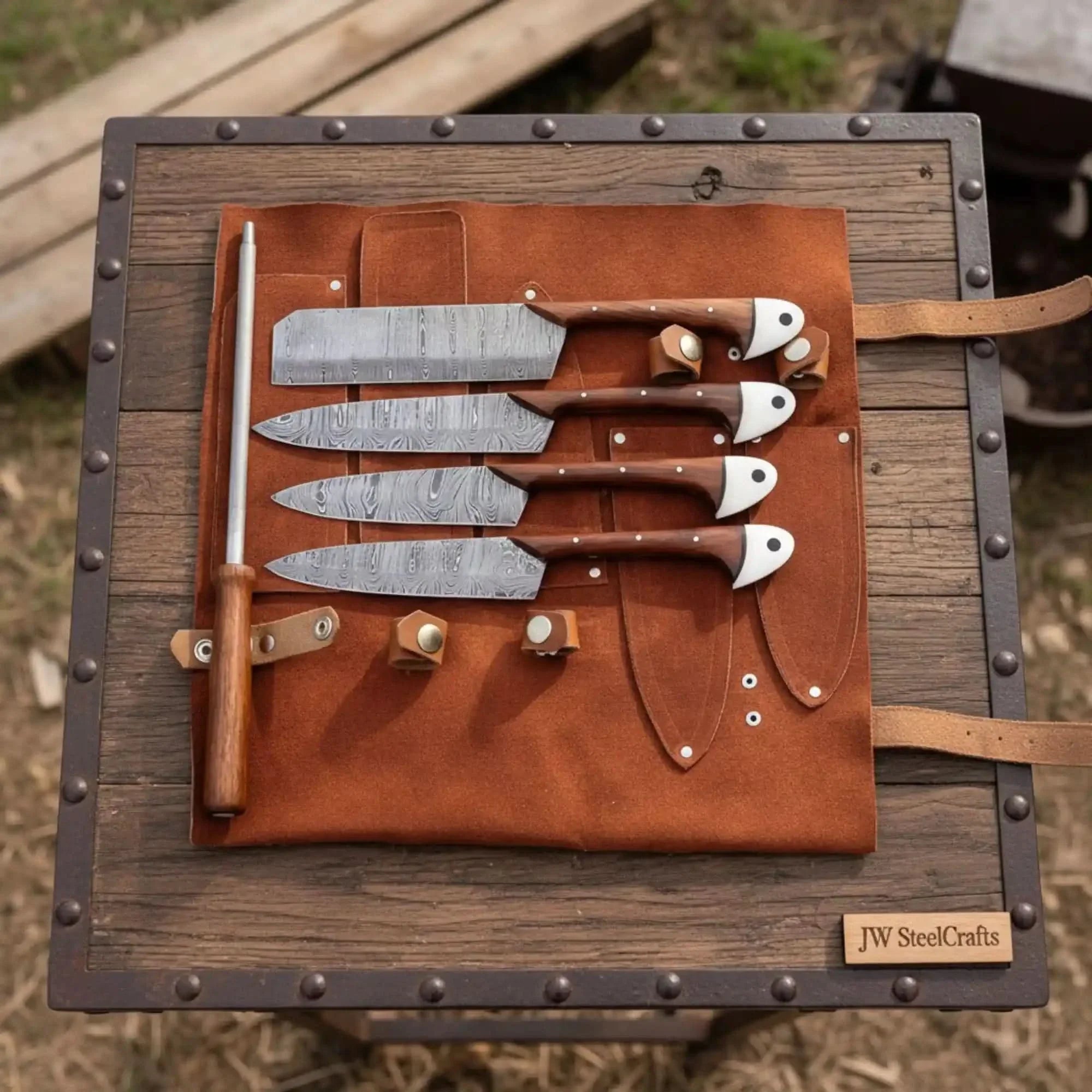Hand-Forged Damascus Chef Knife Set with Leather Roll & Sharpening Rod - Rosewood Handle Collection by JW SteelCrafts, Damascus knife main product photo