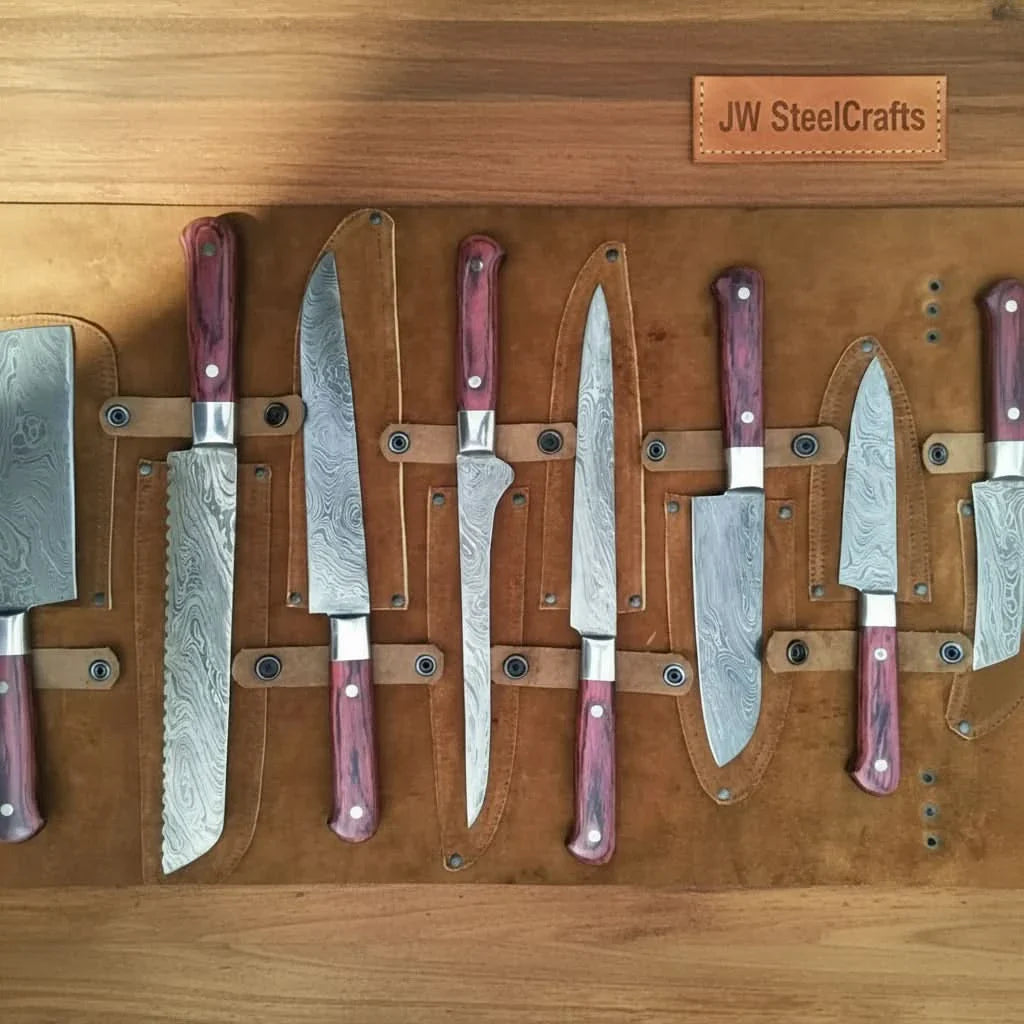 8-Piece Damascus Kitchen Knife Set — Red Pakka Wood Handles by JW SteelCrafts, Damascus knife main product photo