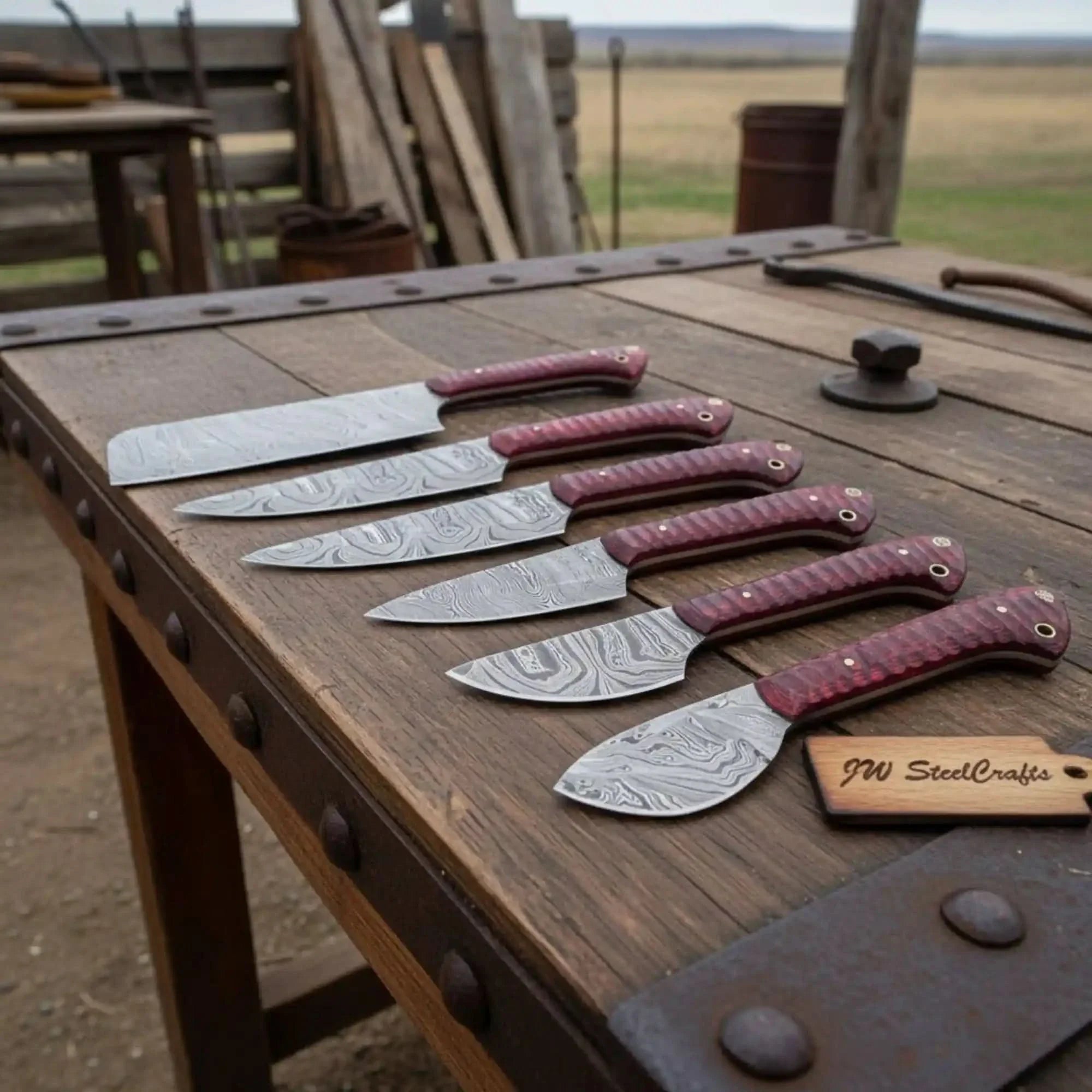 6-Piece Damascus Kitchen Knife Set — Bread, Chef, Santoku, Utility, Boning & Paring with Red Wood Handles by JW SteelCrafts, Damascus knife main product photo