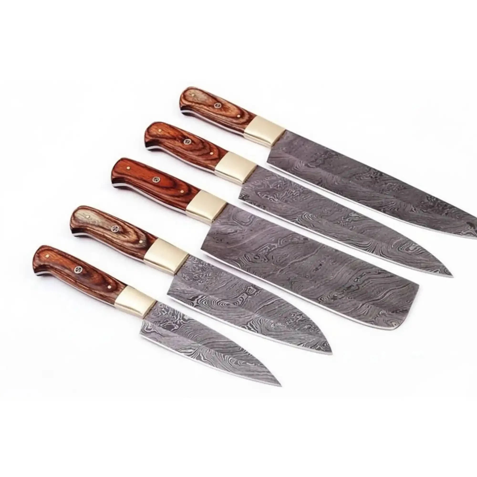 Handmade Damascus Kitchen Knife Set with Pakka Wood Handles and Leather Roll, Full Tang Chef Santoku Cleaver Utility and Paring Knives, Professional C by JW SteelCrafts, Damascus