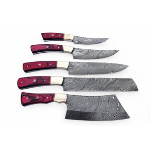 5-Piece Handmade Damascus Kitchen Knife Set – Red Pakkawood Handles & Brass Bolsters | Chef, Santoku, Bread, Utility & Cleaver