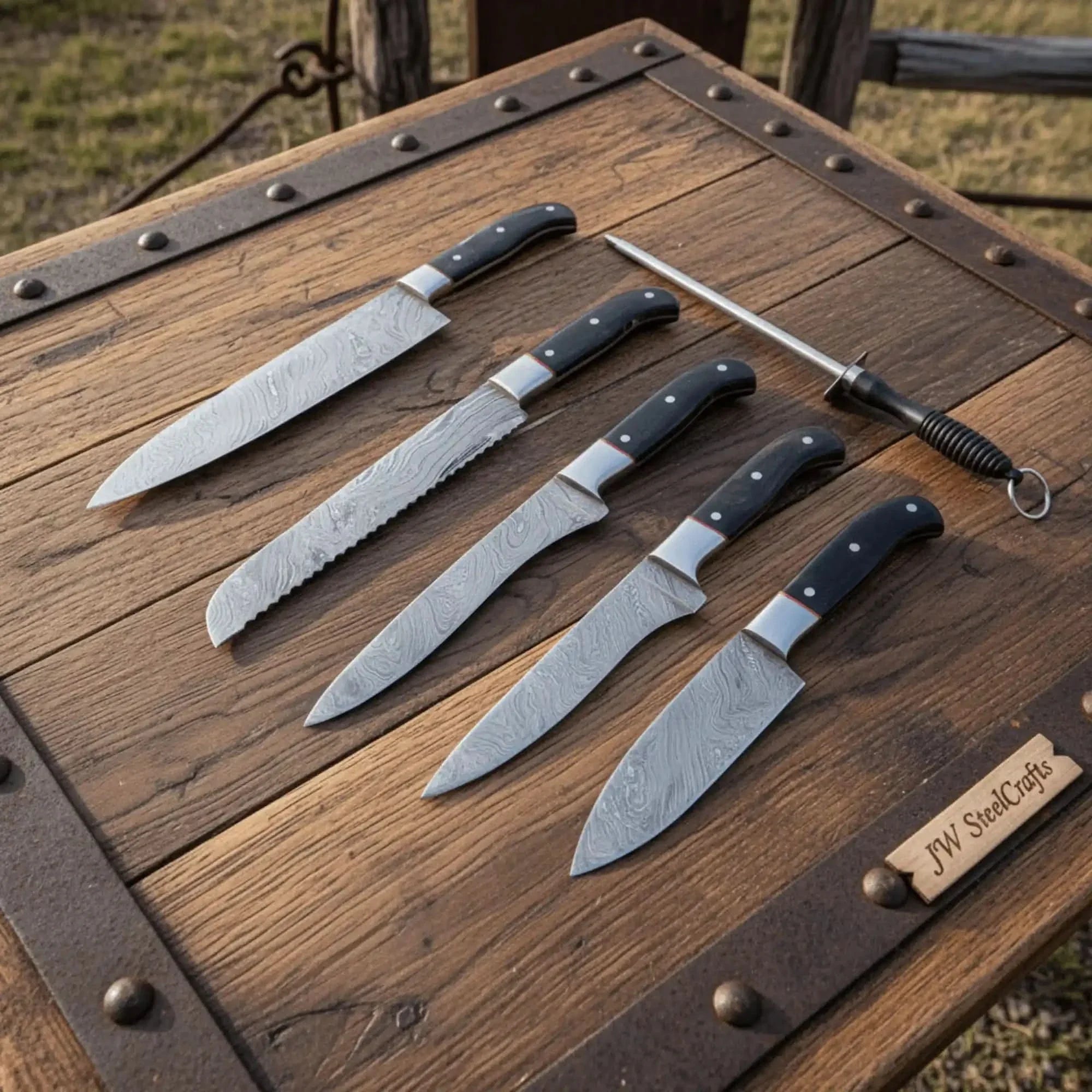 5-Piece Damascus Kitchen Knife Set — 9" Uniform Blades, Black Handles with Steel Bolsters, Leather Roll & Honing Rod by JW SteelCrafts, Damascus knife main product photo