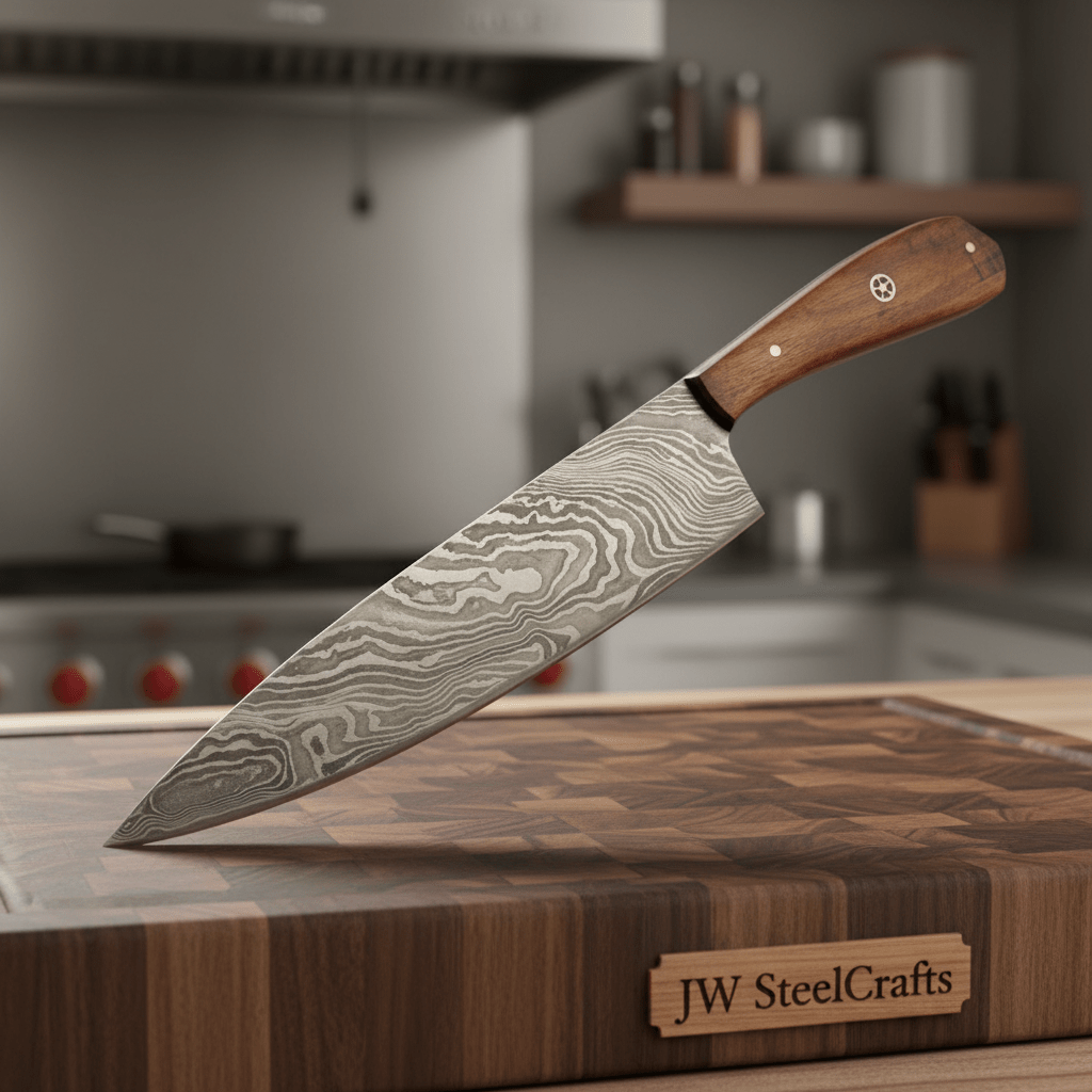 Chef Knife, Twist Pattern Damascus Steel Blade, Walnut Wood Handle with Mosaic Pin, Full Tang Professional Kitchen Knife, JW SteelCrafts by JW SteelCrafts, Damascus knife main