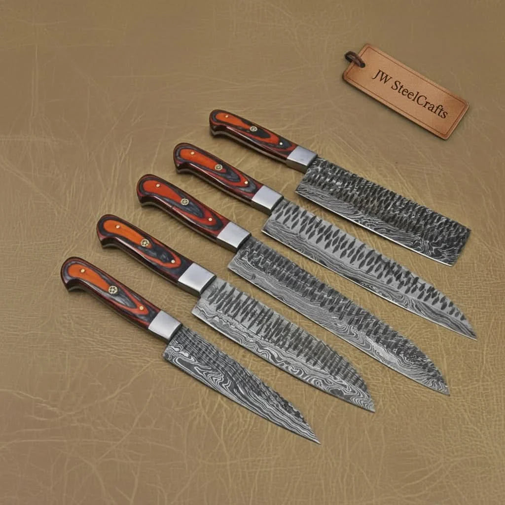 5-Piece Handmade Damascus Kitchen Knife Set with Red Pakka Wood Handles by JW SteelCrafts, Damascus knife detail photo 2